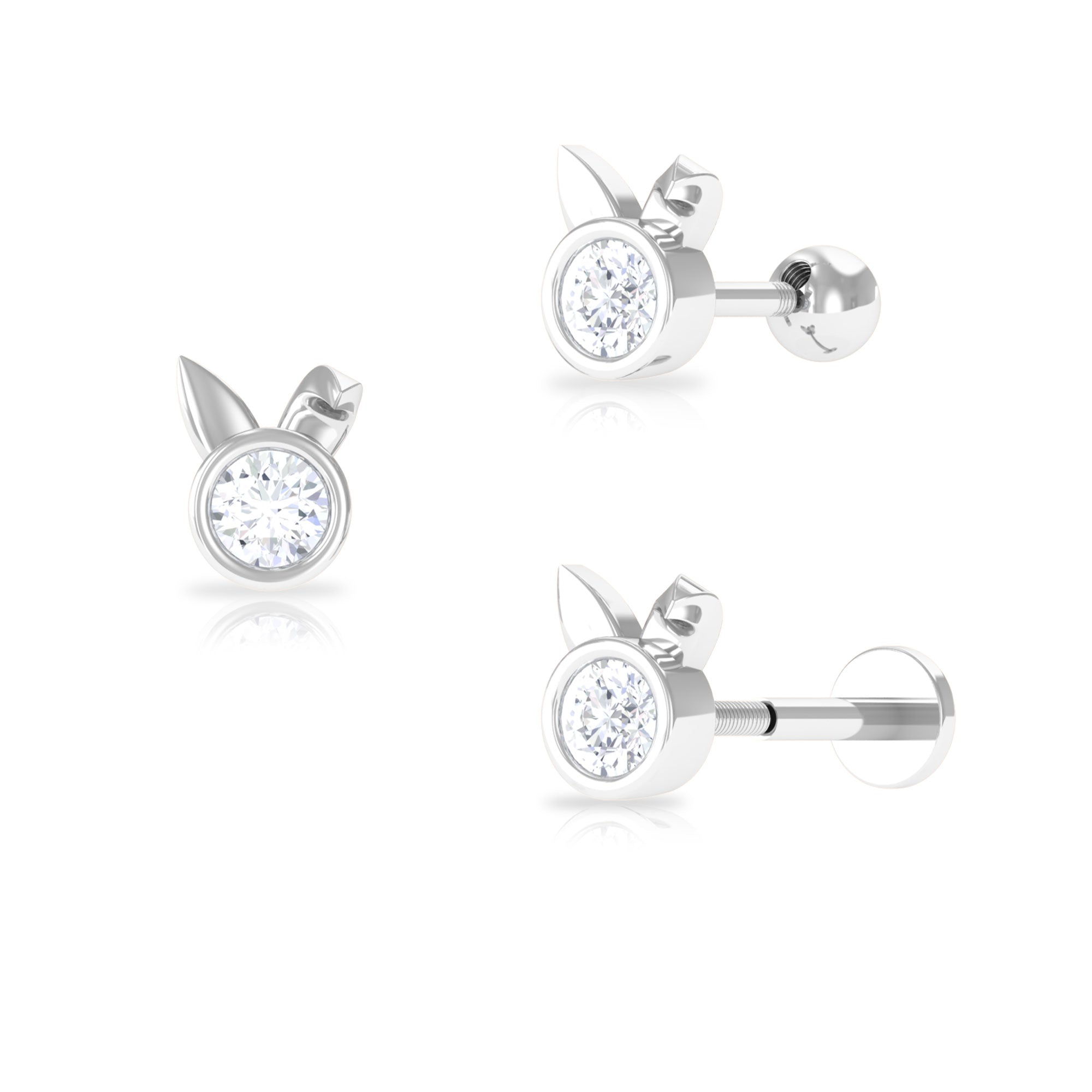 Rosec Jewels-Cute Moissanite Solitaire Bunny Earring in Bezel Setting