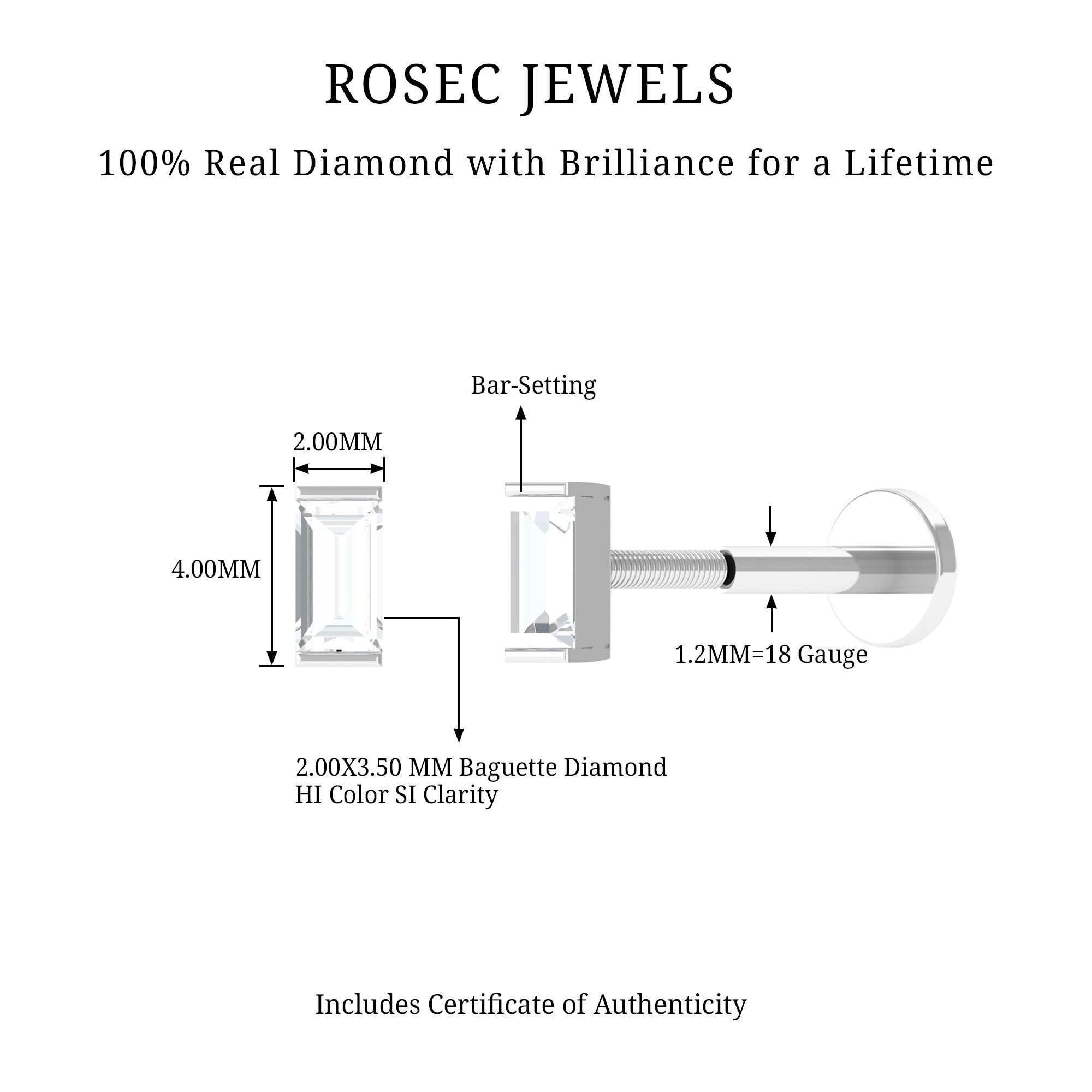 Rosec Jewels-Solitaire Baguette Diamond Earring for Tragus Piercing