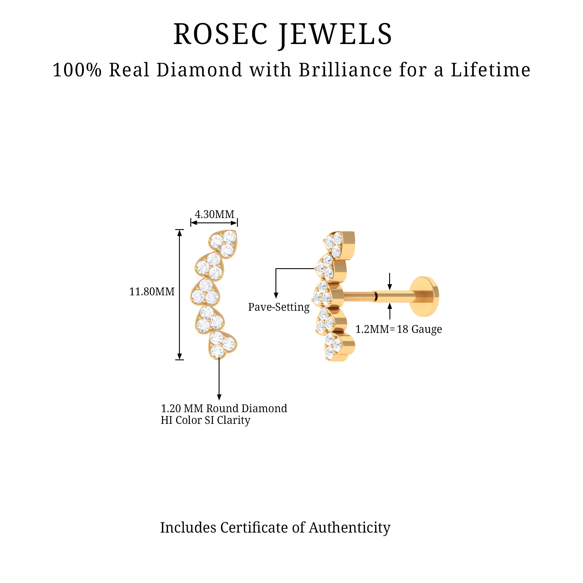 Rosec Jewels-Real Diamond Heart Crawler Earring for Helix Piercing