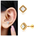 Rosec Jewels-Princess Cut Diamond Solitaire Earring in Beaded Bezel Setting