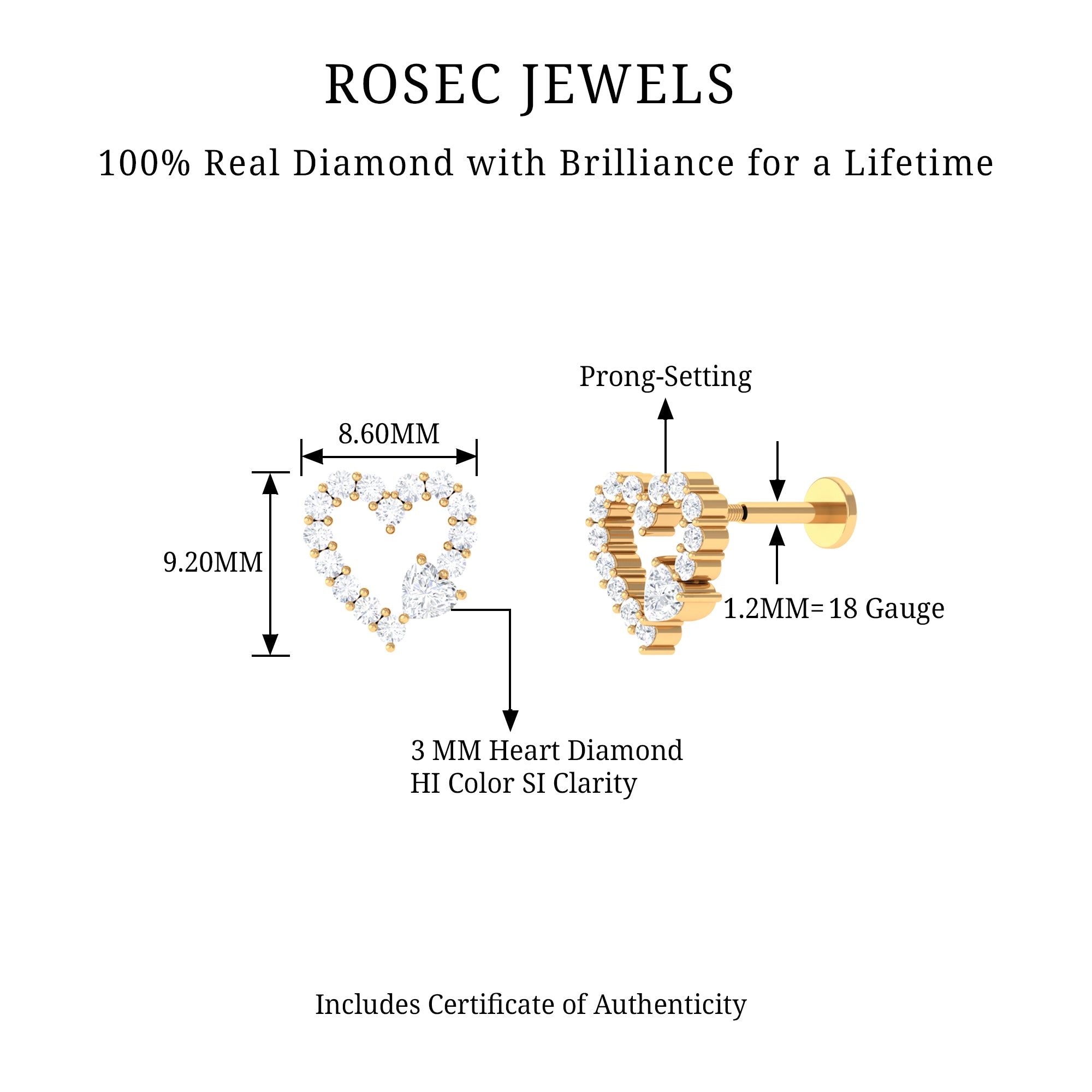 Rosec Jewels-Natural Diamond Open Heart Earring for Second Hole Piercing