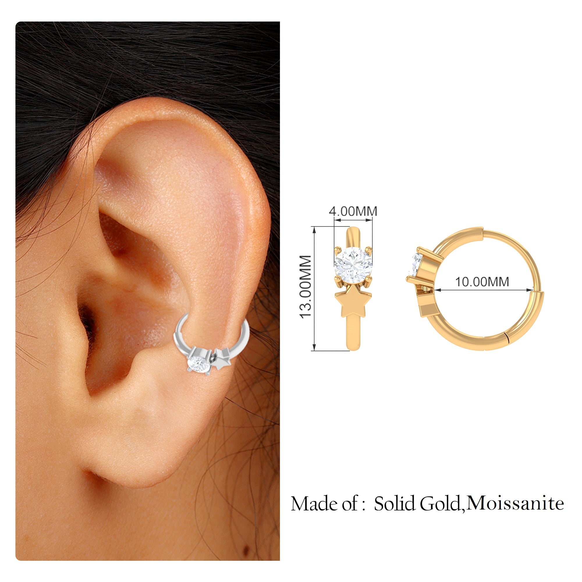 Rosec Jewels-Round Moissanite Star Cartilage Hoop Earring