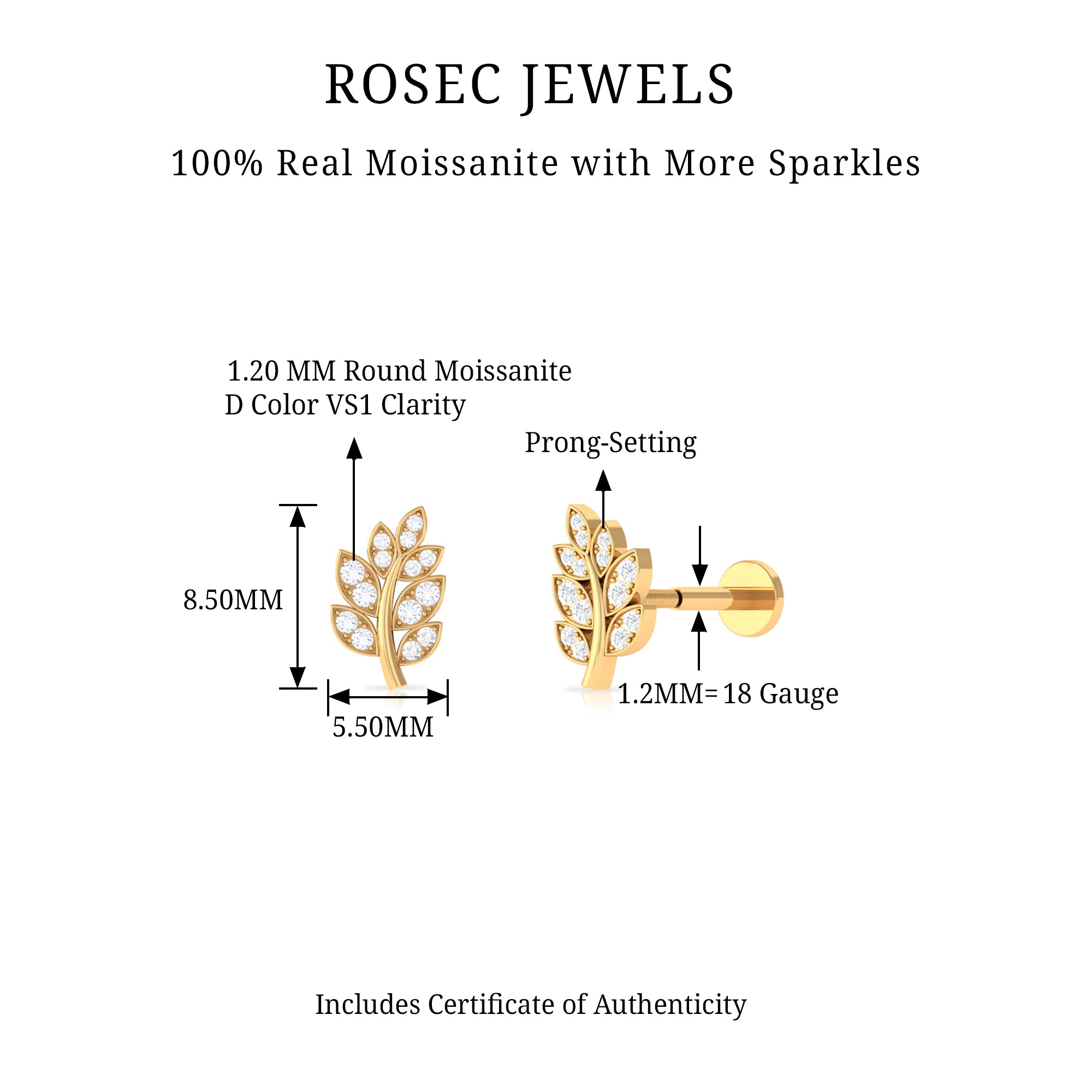 Rosec Jewels-Minimal Moissanite Gold Leaf Earring for Conch Piercing