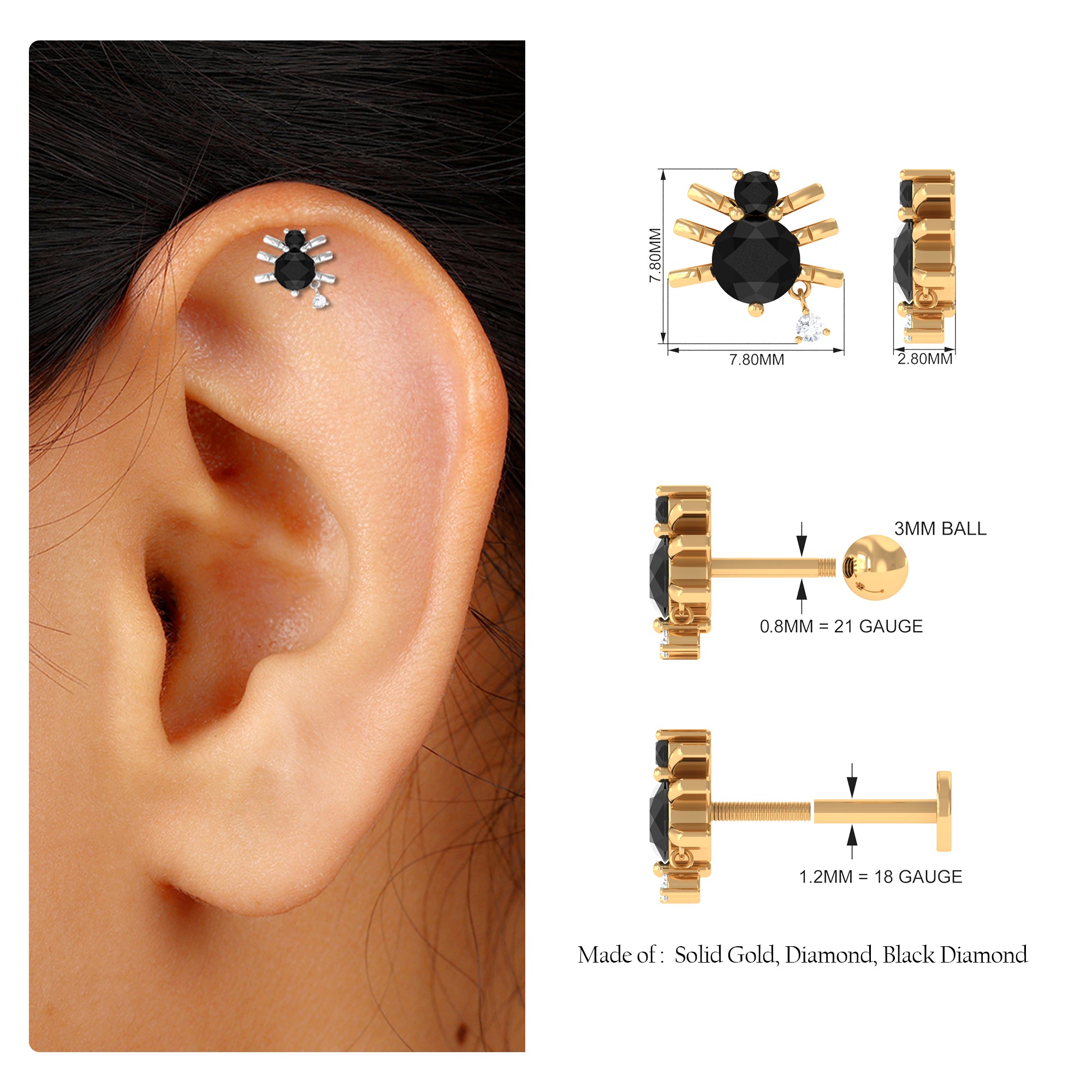 Rosec Jewels-Natural Black Onyx and Moissanite Spider Helix Earring