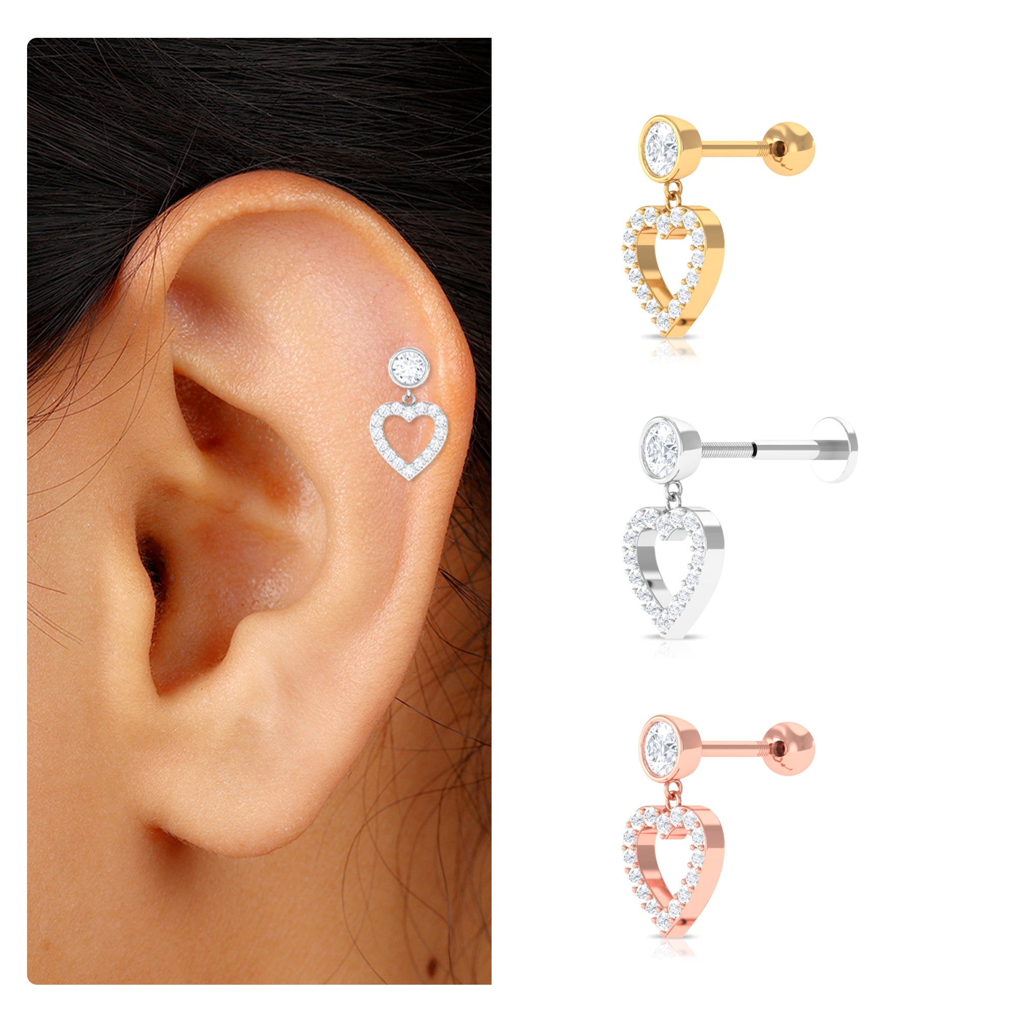 Rosec Jewels-Minimal Moissanite Heart Dangle Earring for Helix Piercing