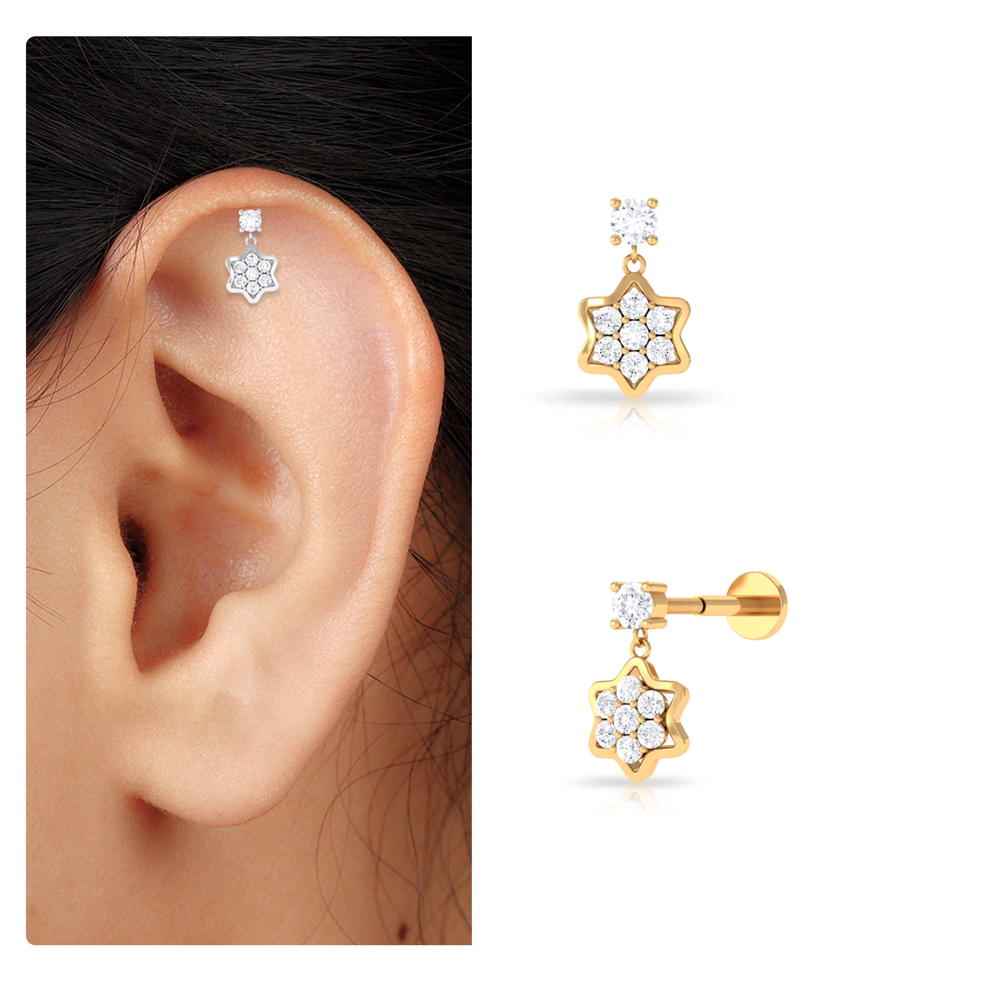 Rosec Jewels-Moissanite Flower Dangly Earring for Helix Piercing