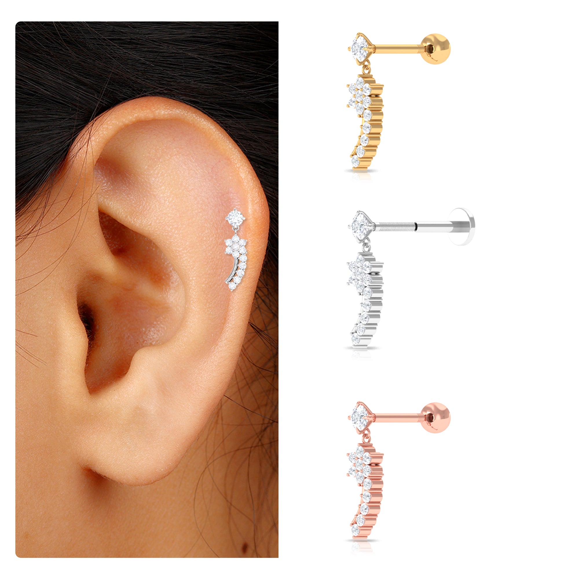 Rosec Jewels-Elegant Moissanite Flower Dangly Helix Earring