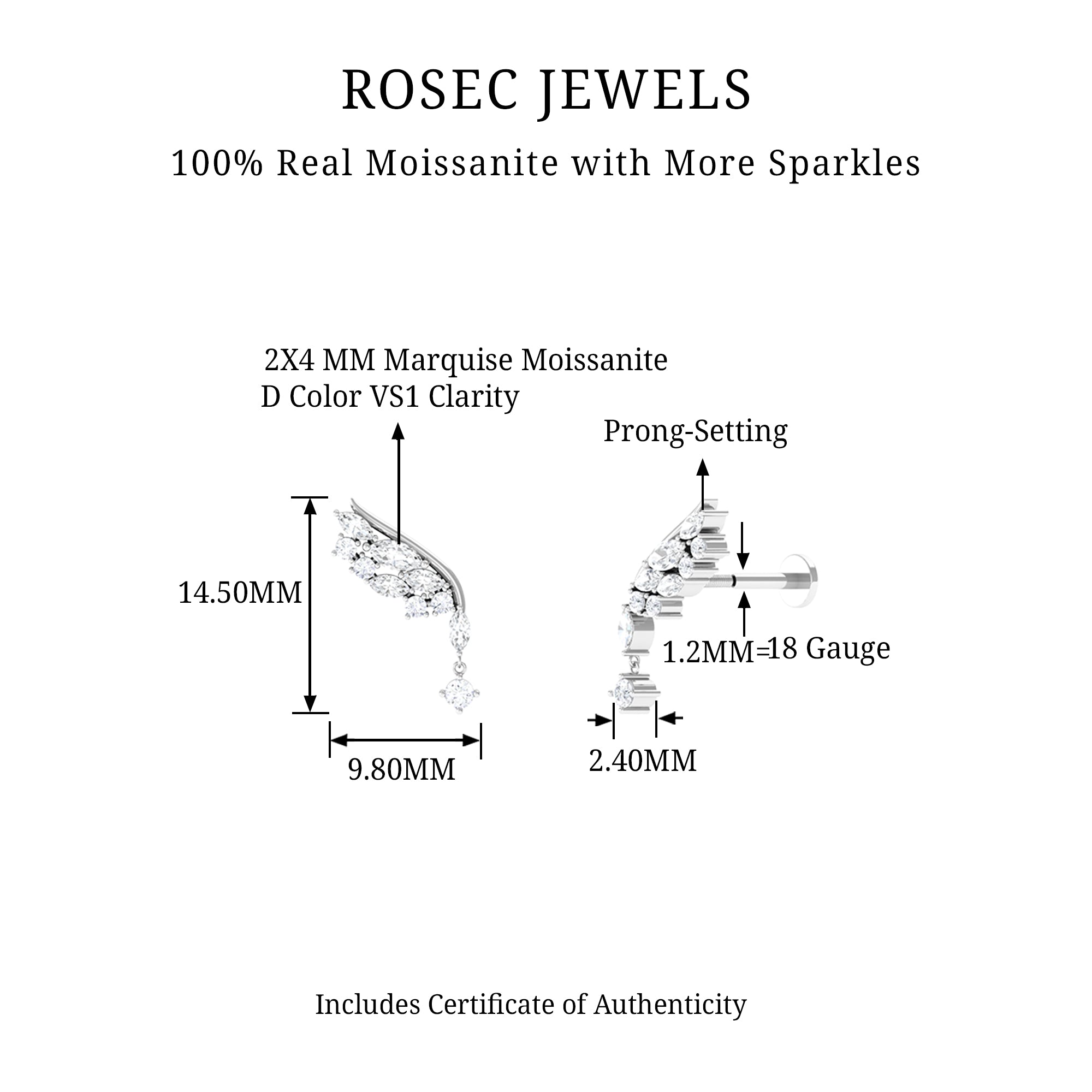 Rosec Jewels-Unique Moissanite Cluster Wing Cartilage Drop Earring