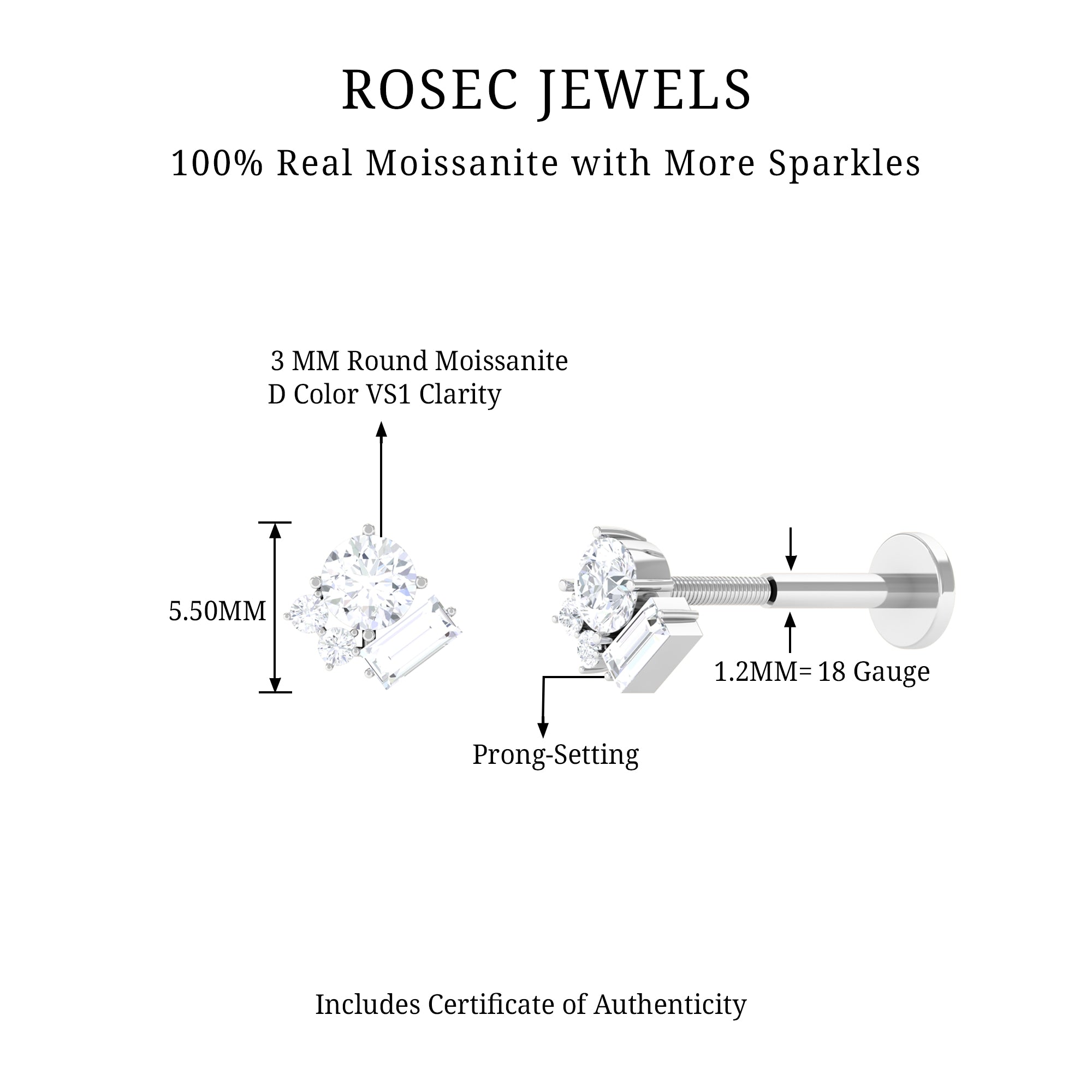 Rosec Jewels-Baguette Moissanite Cluster Tragus Earring in Gold