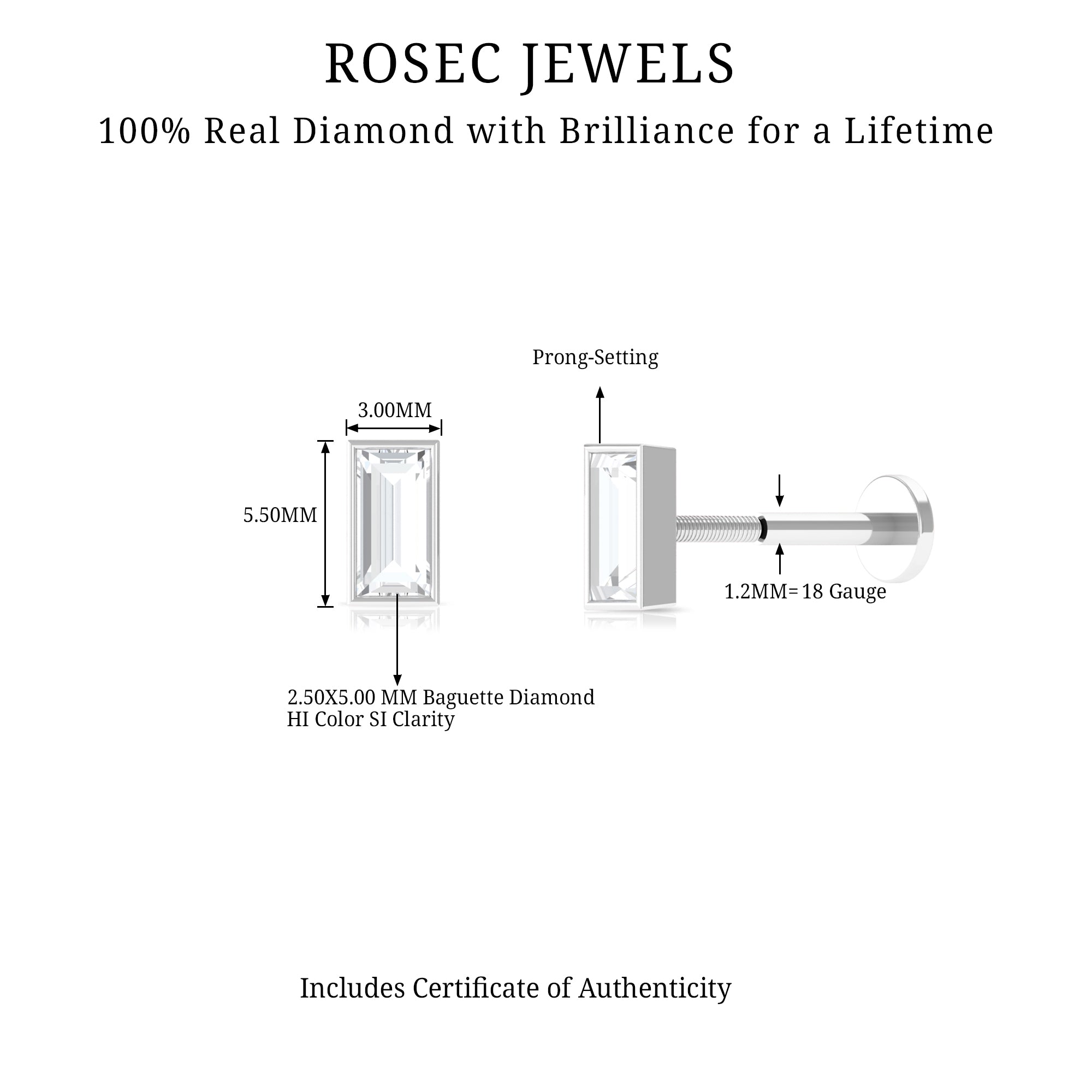 Rosec Jewels-Baguette Diamond Tragus Earring in Bezel Setting