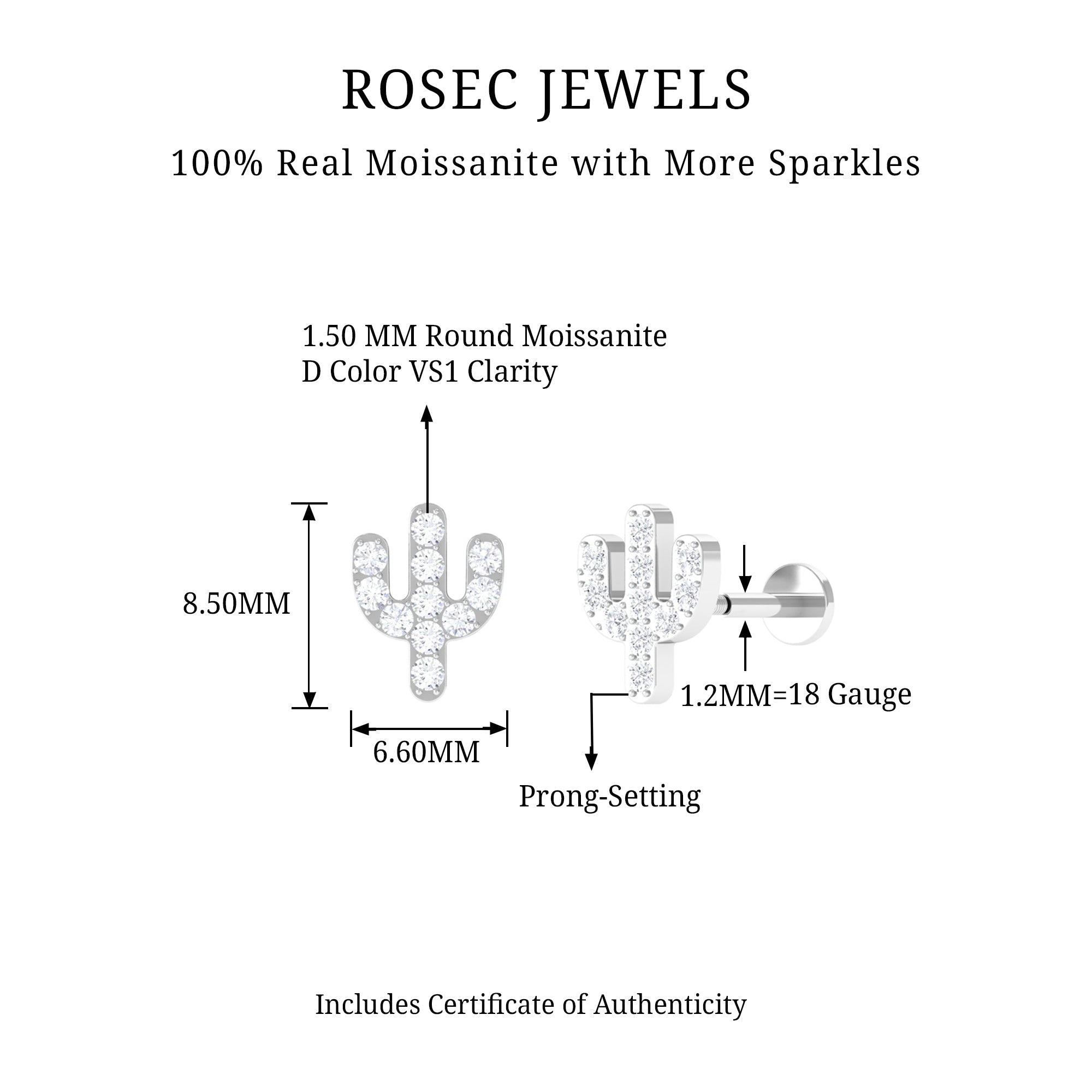 Rosec Jewels-Moissanite Gold Cactus Cartilage Earring