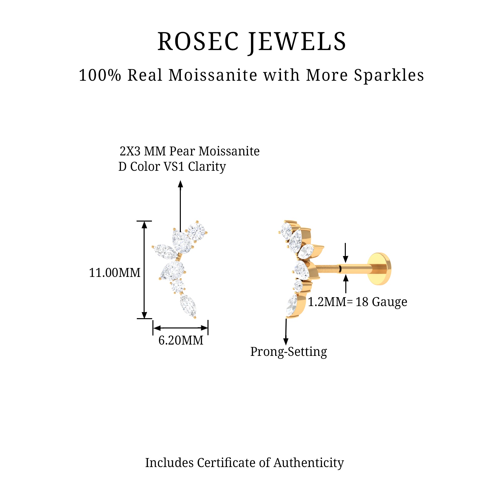 Rosec Jewels-Exquisite Moissanite Curved Crawler Earring for Helix Piercing