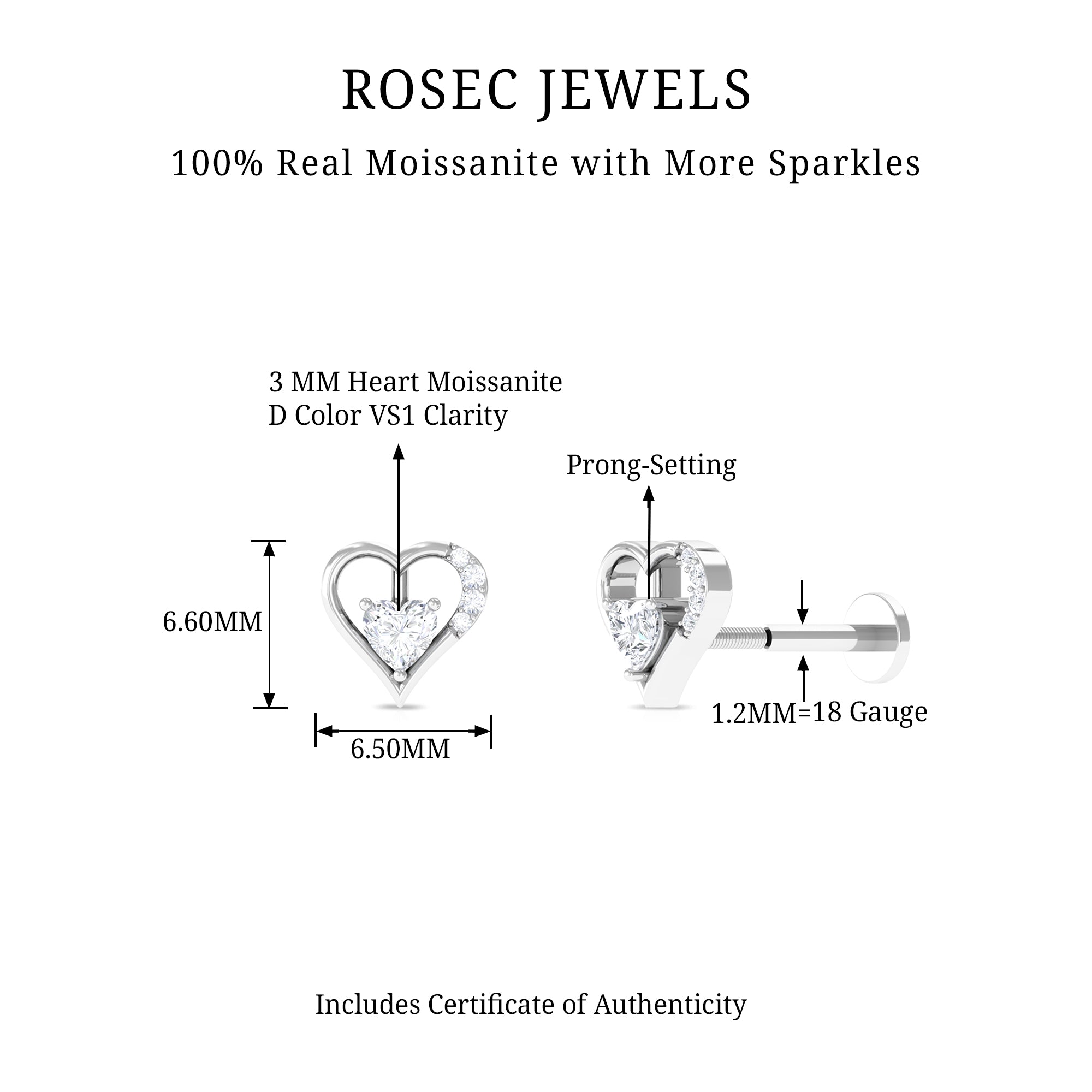 Rosec Jewels-Heart Shape Moissanite Earring for Cartilage Piercing