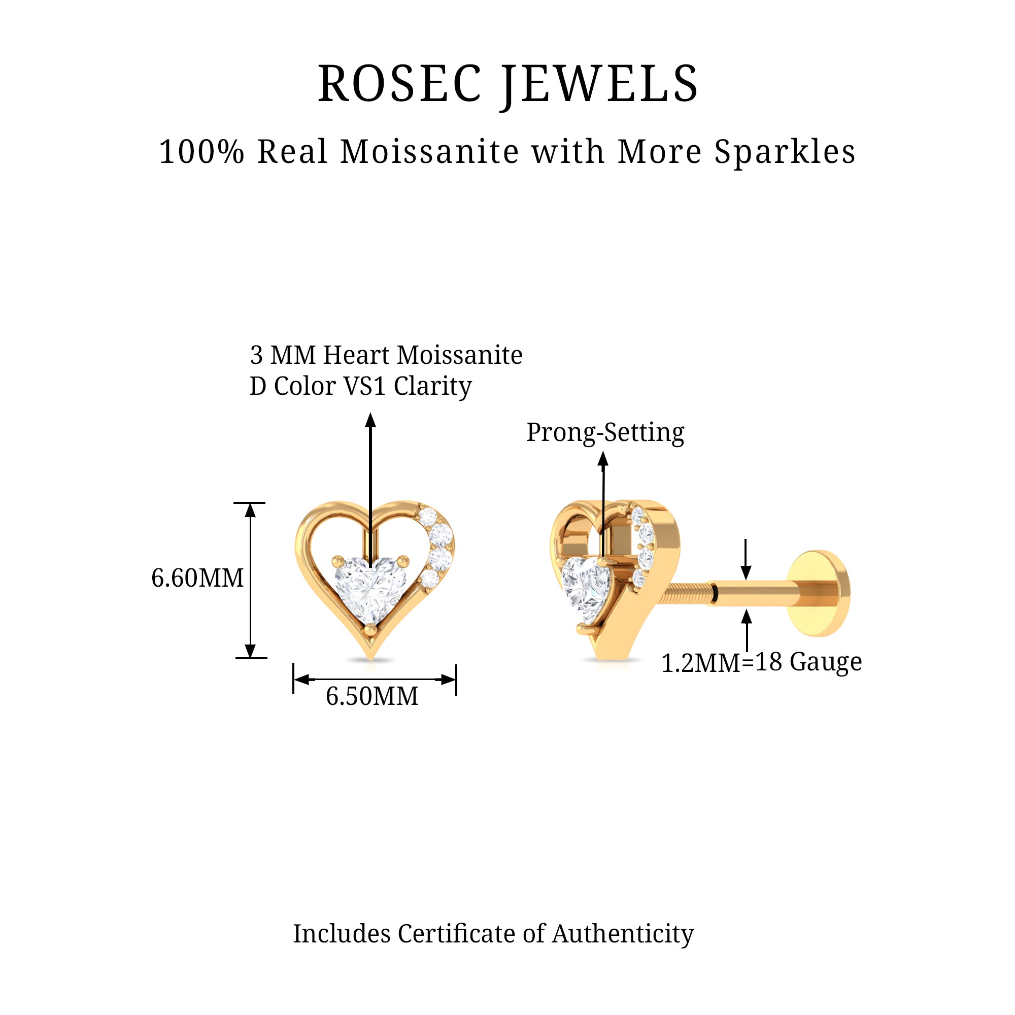 Rosec Jewels-Heart Shape Moissanite Earring for Cartilage Piercing