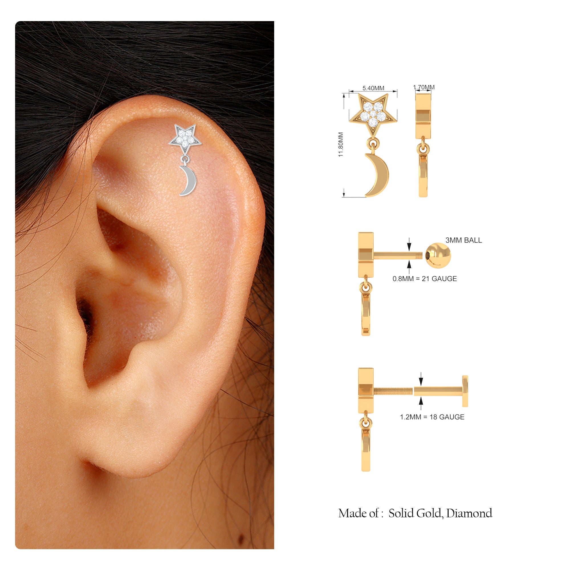 Rosec Jewels-Moissanite Moon and Star Dangle Earring in Gold