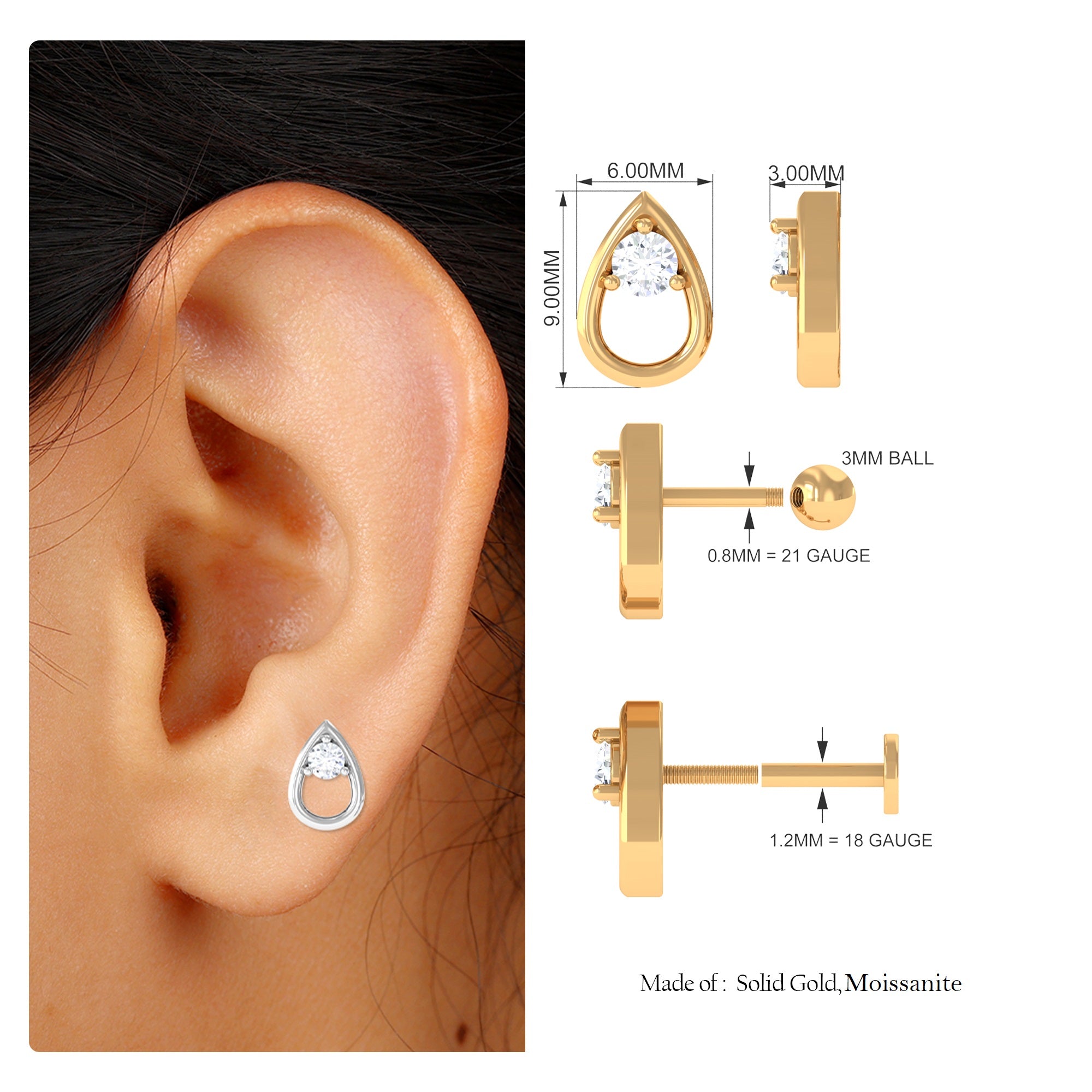 Rosec Jewels-Round Moissanite Teardrop Helix Earring