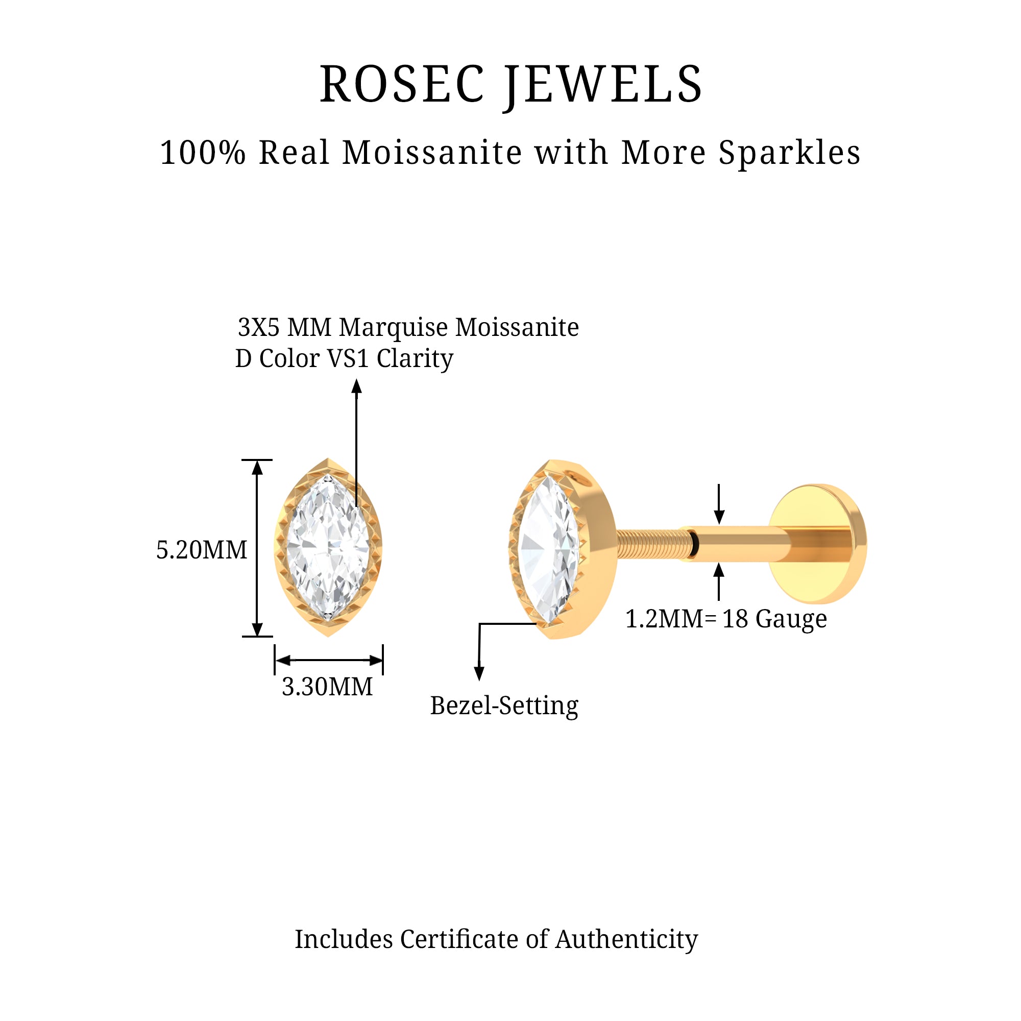 Rosec Jewels-Marquise Moissanite Solitaire Tragus Earring in Bezel Setting