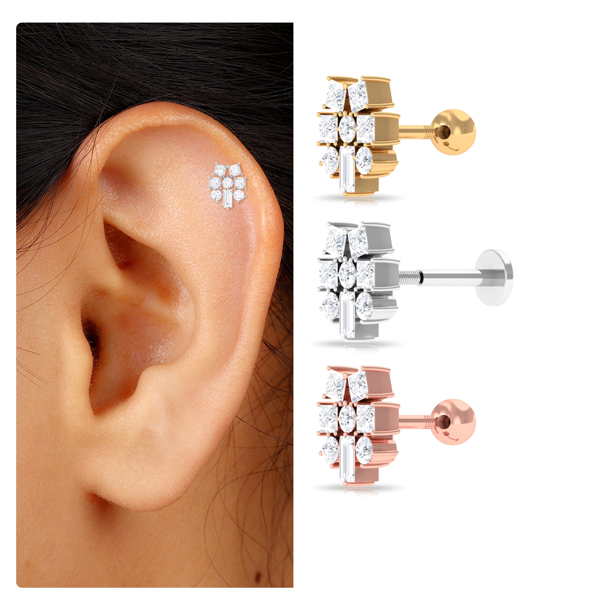 Rosec Jewels-Unique Moissanite Cluster Earring for Upper Lobe Piercing