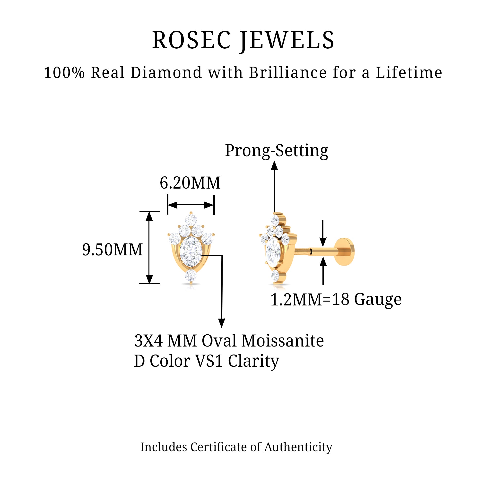 Rosec Jewels-Oval Moissanite Floral Earring for Upper Lobe Piercing