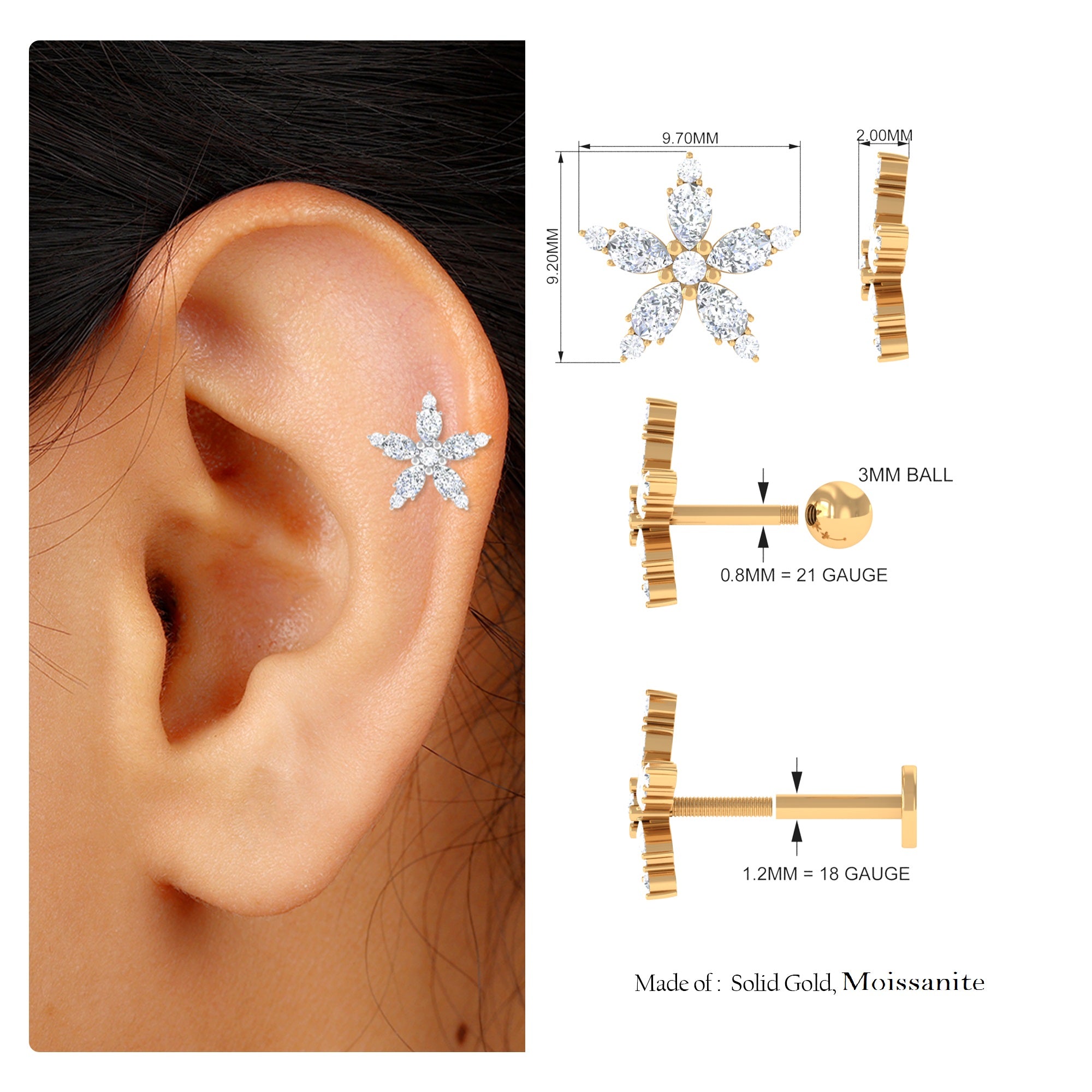 Rosec Jewels-Certified Moissanite Flower Earring for Helix Piercing