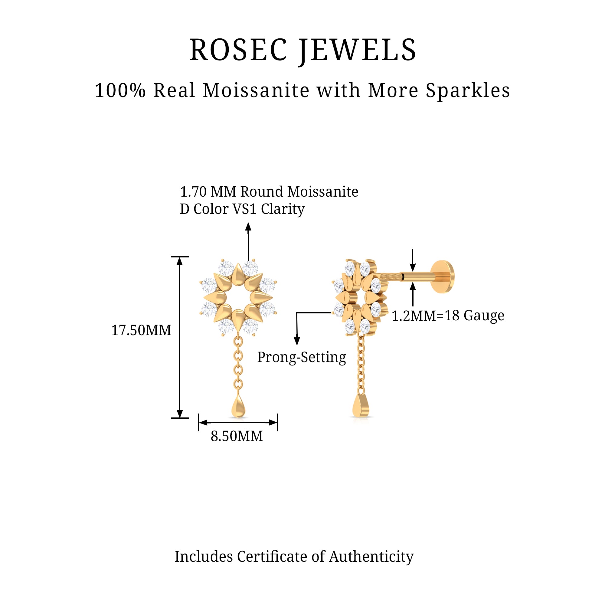 Rosec Jewels-Moissanite Flower Chain Drop Earring for Cartilage Piercing