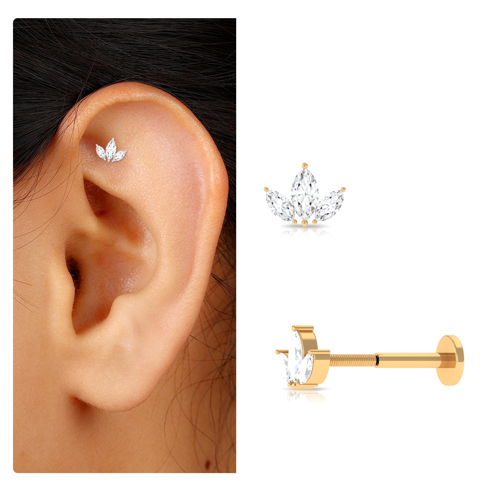 Rosec Jewels-Marquise Cut Diamond Lotus Flower Earring for Helix Piercing