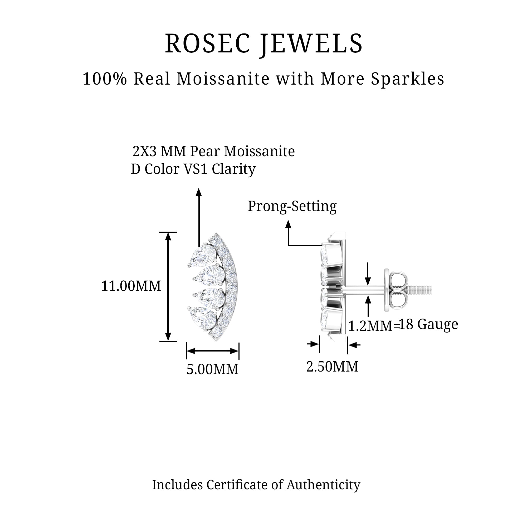 Rosec Jewels-Pear and Round Moissanite Curved Cartilage Earring