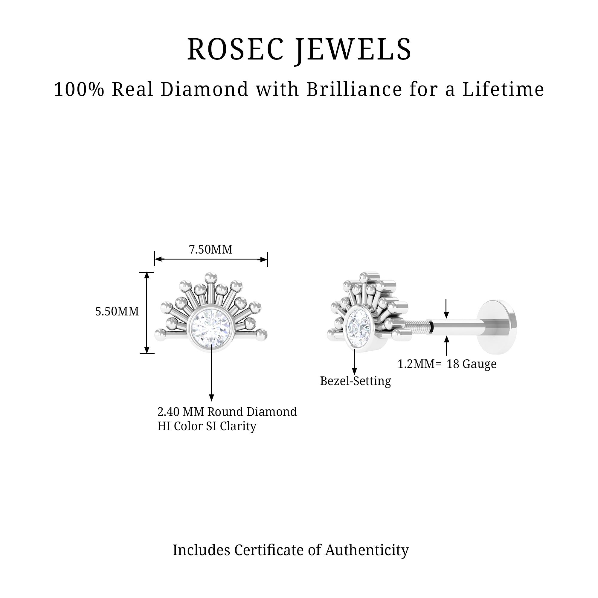 Rosec Jewels-Bezel Set Diamond Gold Sunburst Earring for Helix Piercing