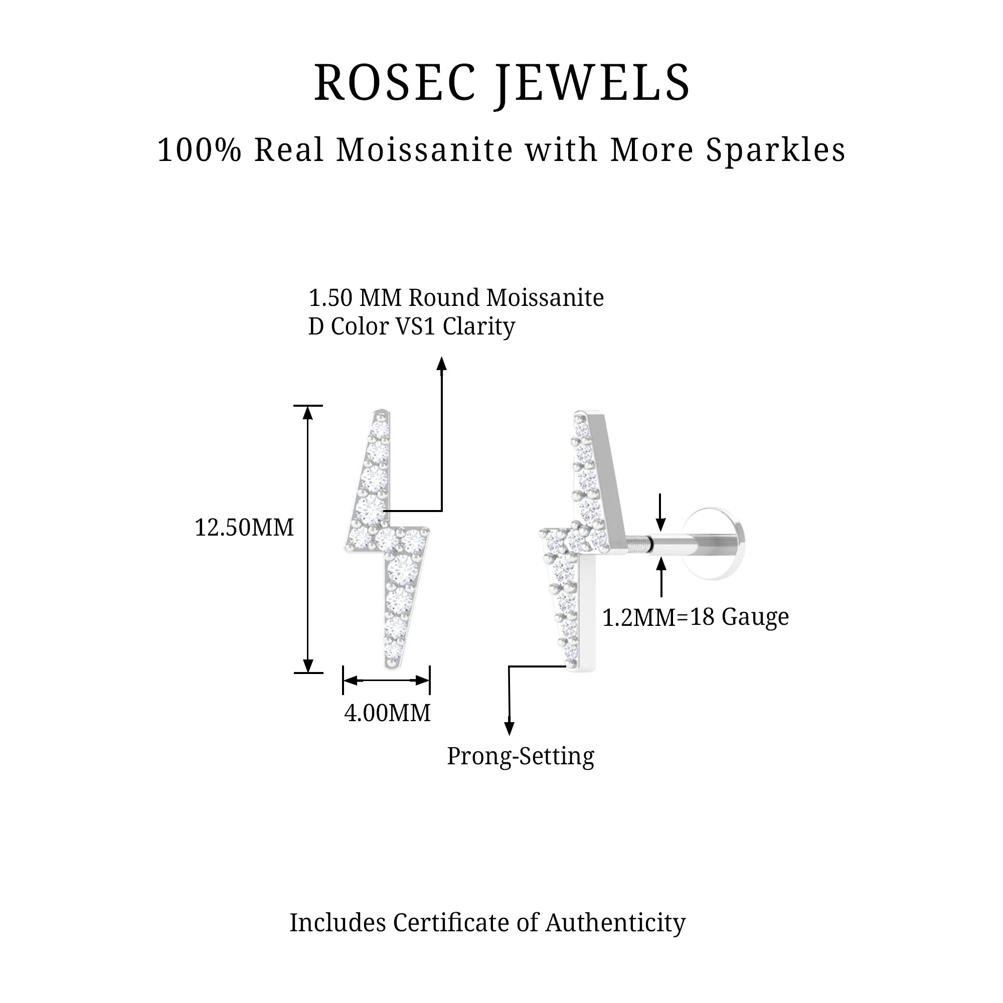 Rosec Jewels-Moissanite Gold Lightning Bolt Cartilage Earring