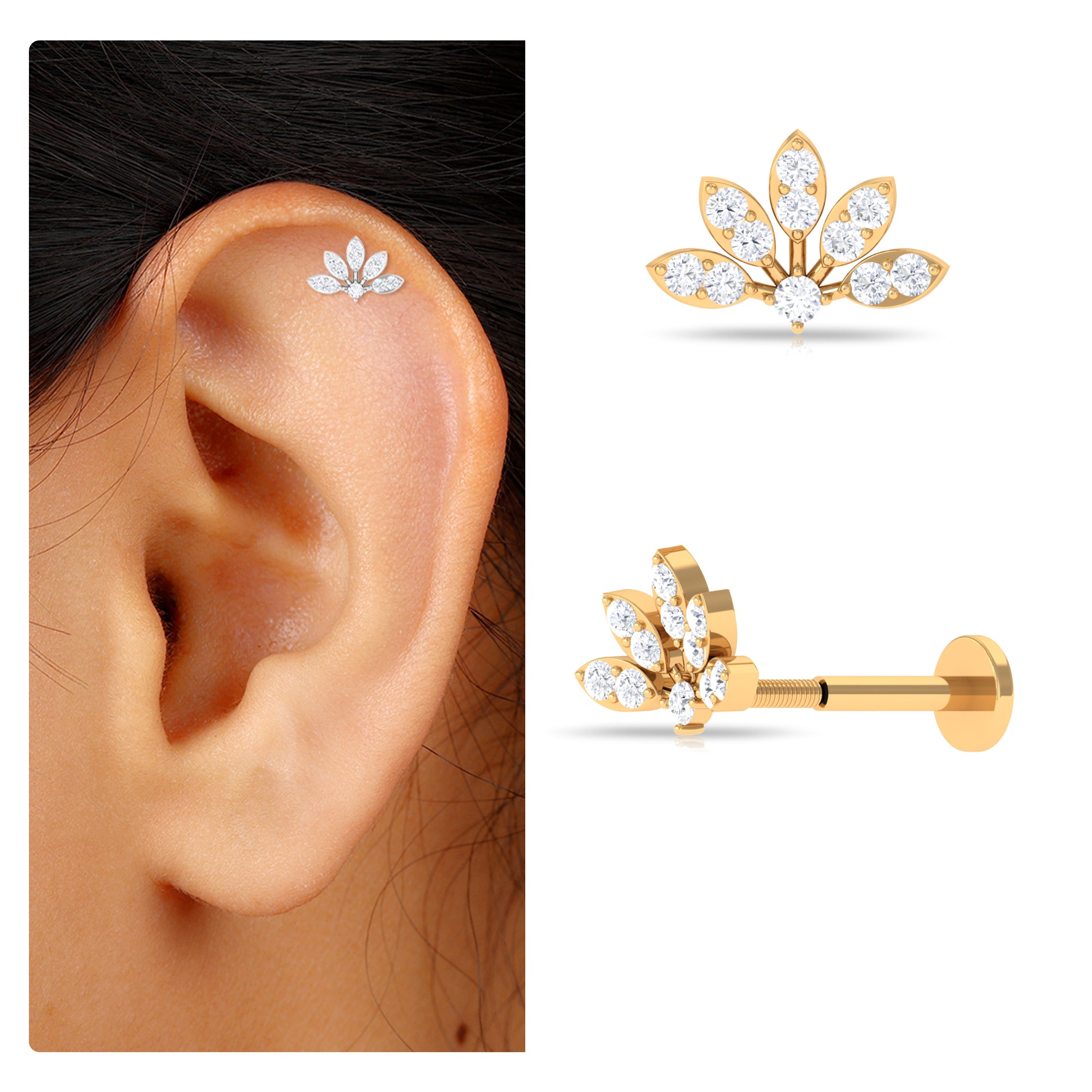 Rosec Jewels-Elegant Moissanite Lotus Earring for Helix Piercing