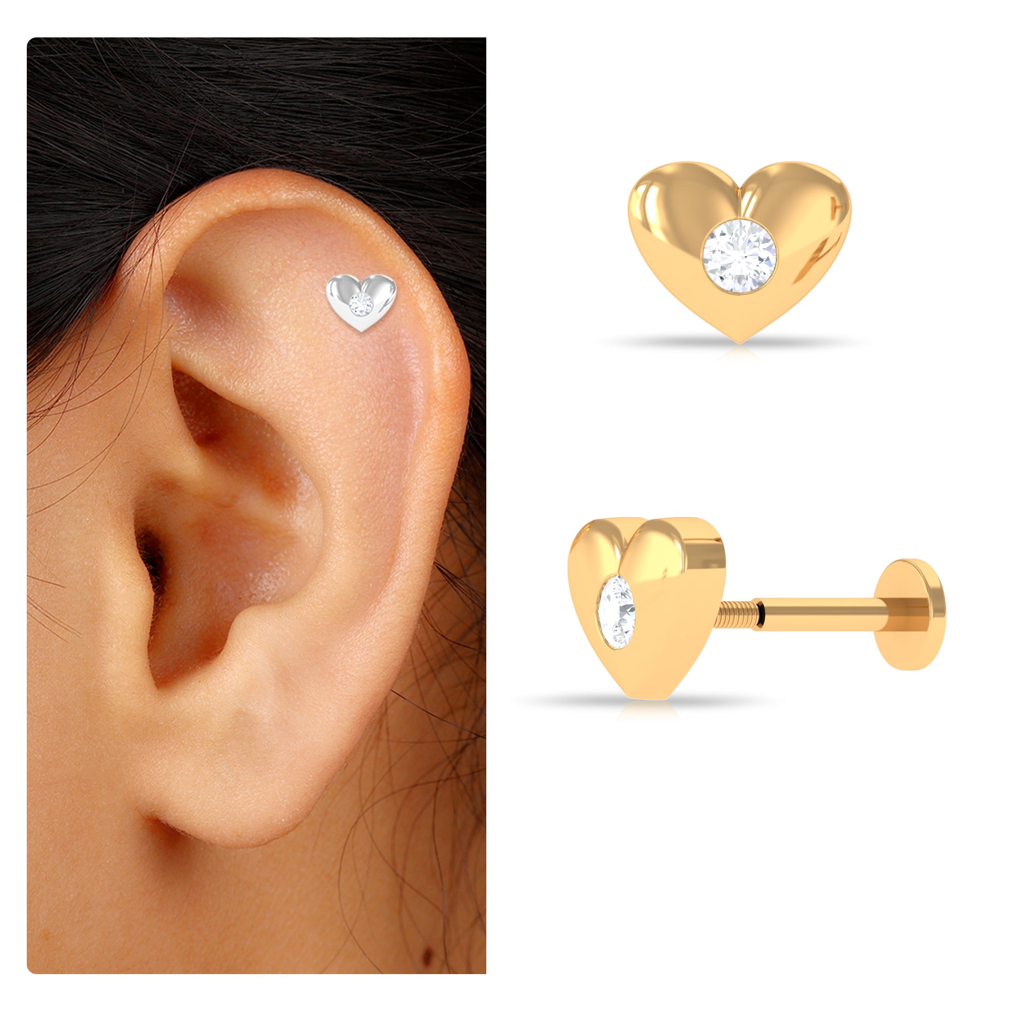 Rosec Jewels-Certified Moissanite Heart Earring for Cartilage Piercing