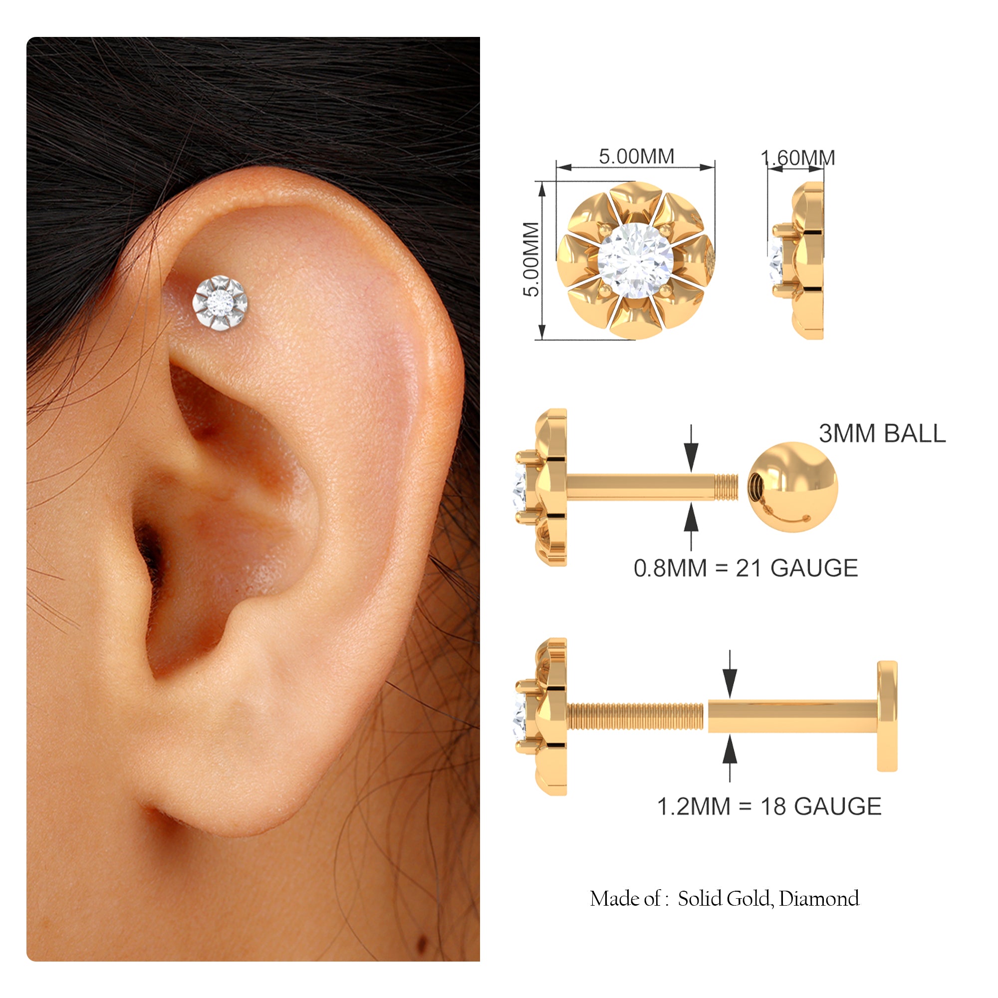 Rosec Jewels-Round Diamond Flower Earring for Tragus Piercing