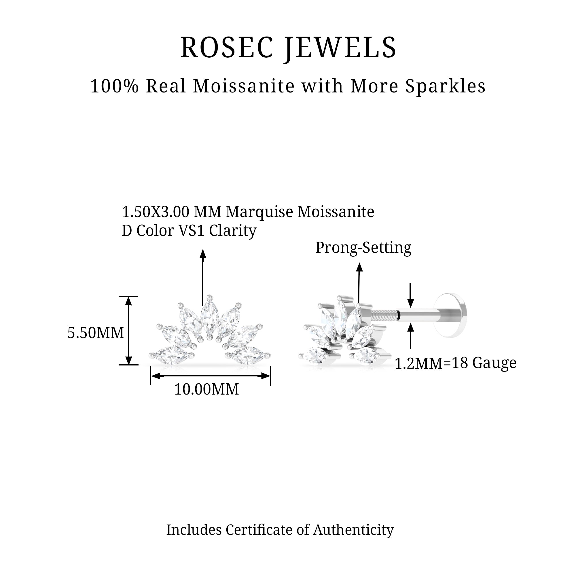 Rosec Jewels-Marquise Cut Moissanite Curved Cartilage Earring