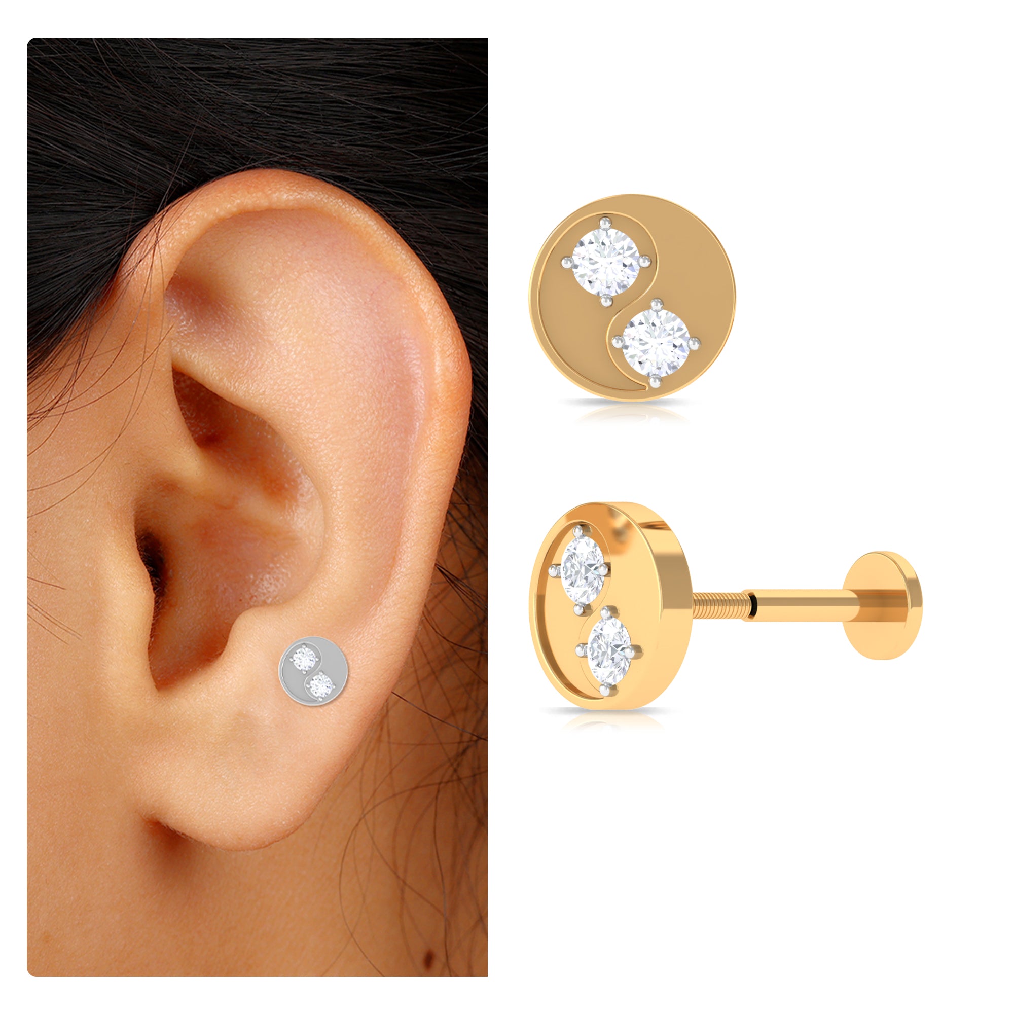 Rosec Jewels-Moissanite 2 Stone Circle Earring for Helix Piercing