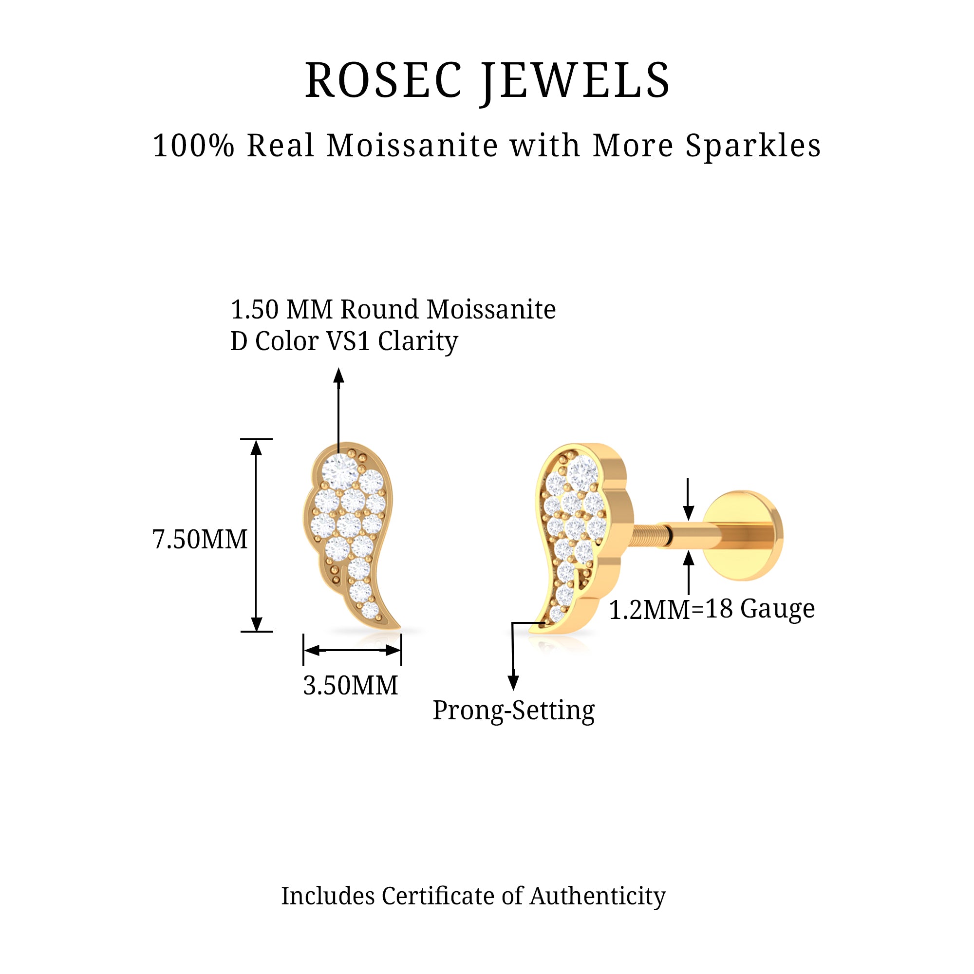 Rosec Jewels-Minimal Moissanite Gold Wing Earring for Cartilage Piercing