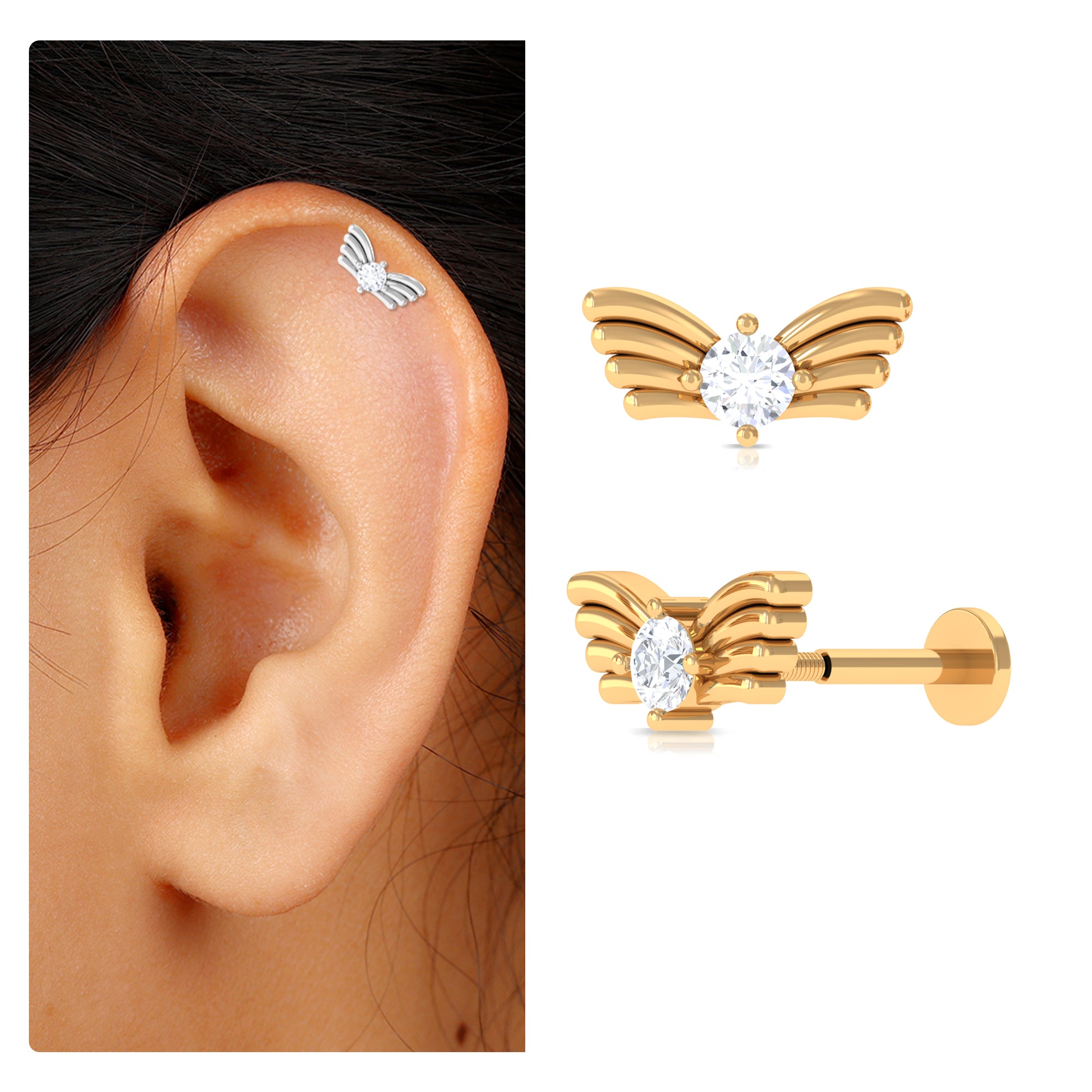 Rosec Jewels-Round Moissanite Bird Earring for Helix Piercing