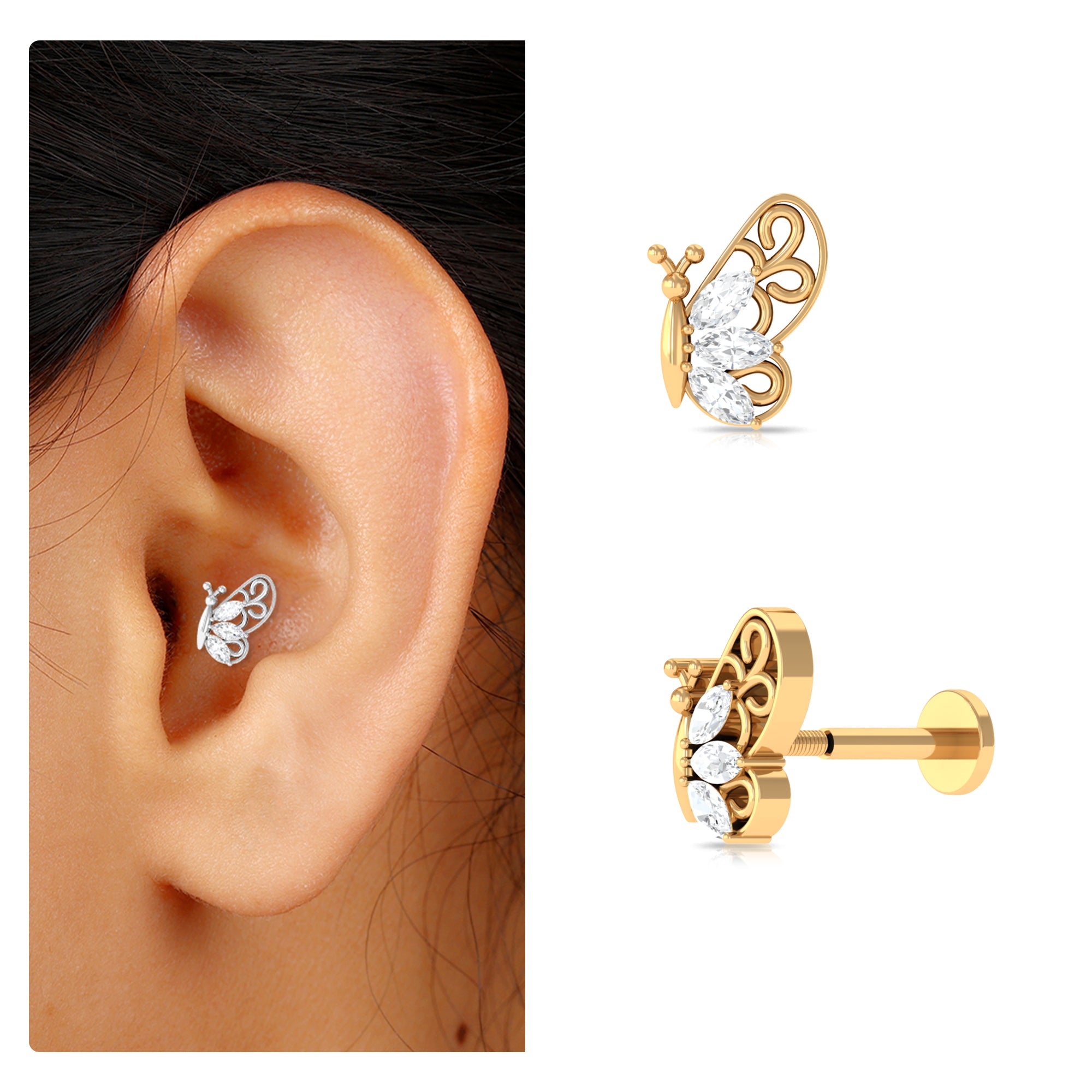 Rosec Jewels-Moissanite Butterfly Helix Earring with Gold Filigree