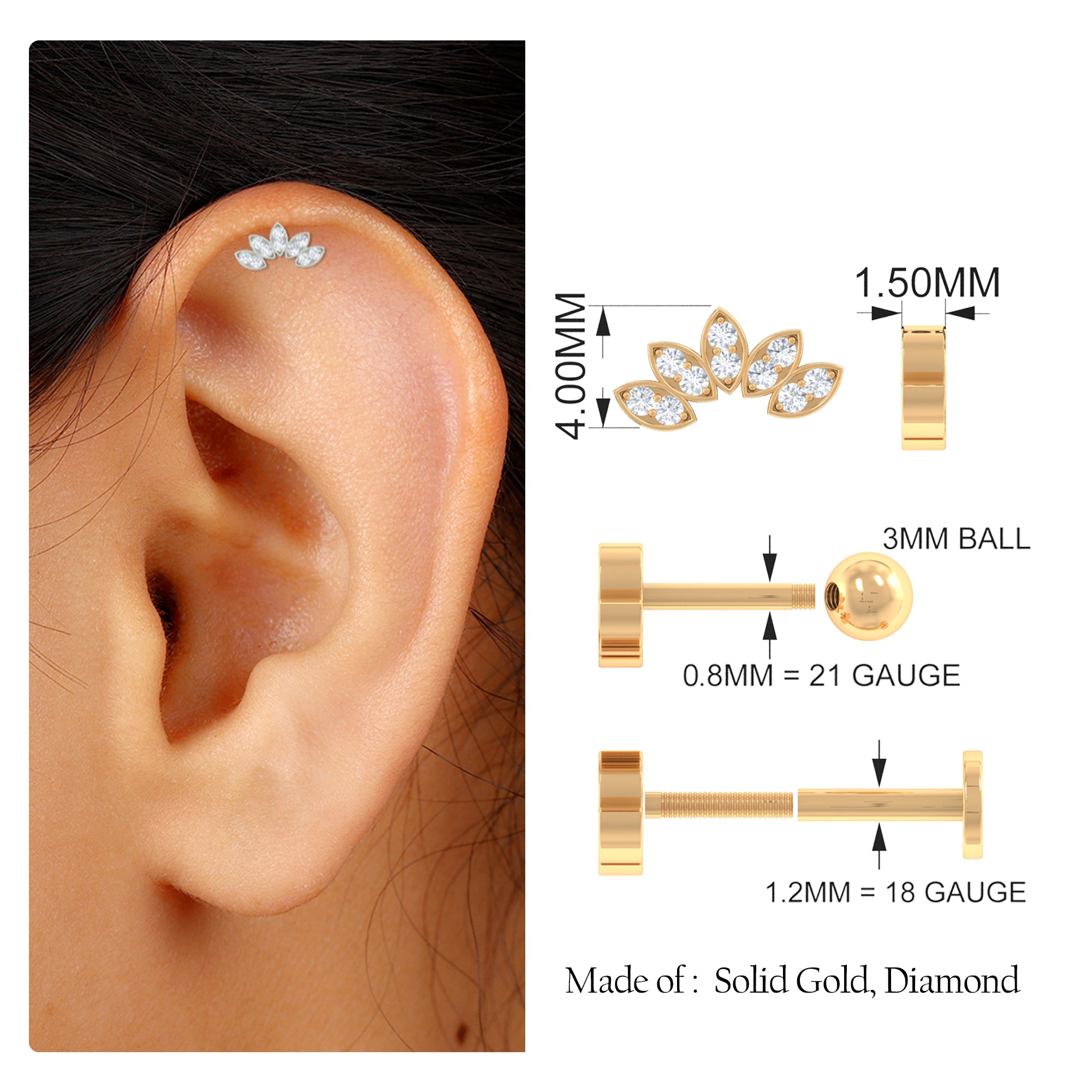 Rosec Jewels-Natural Round Diamond Flower Earring for Helix Piercing