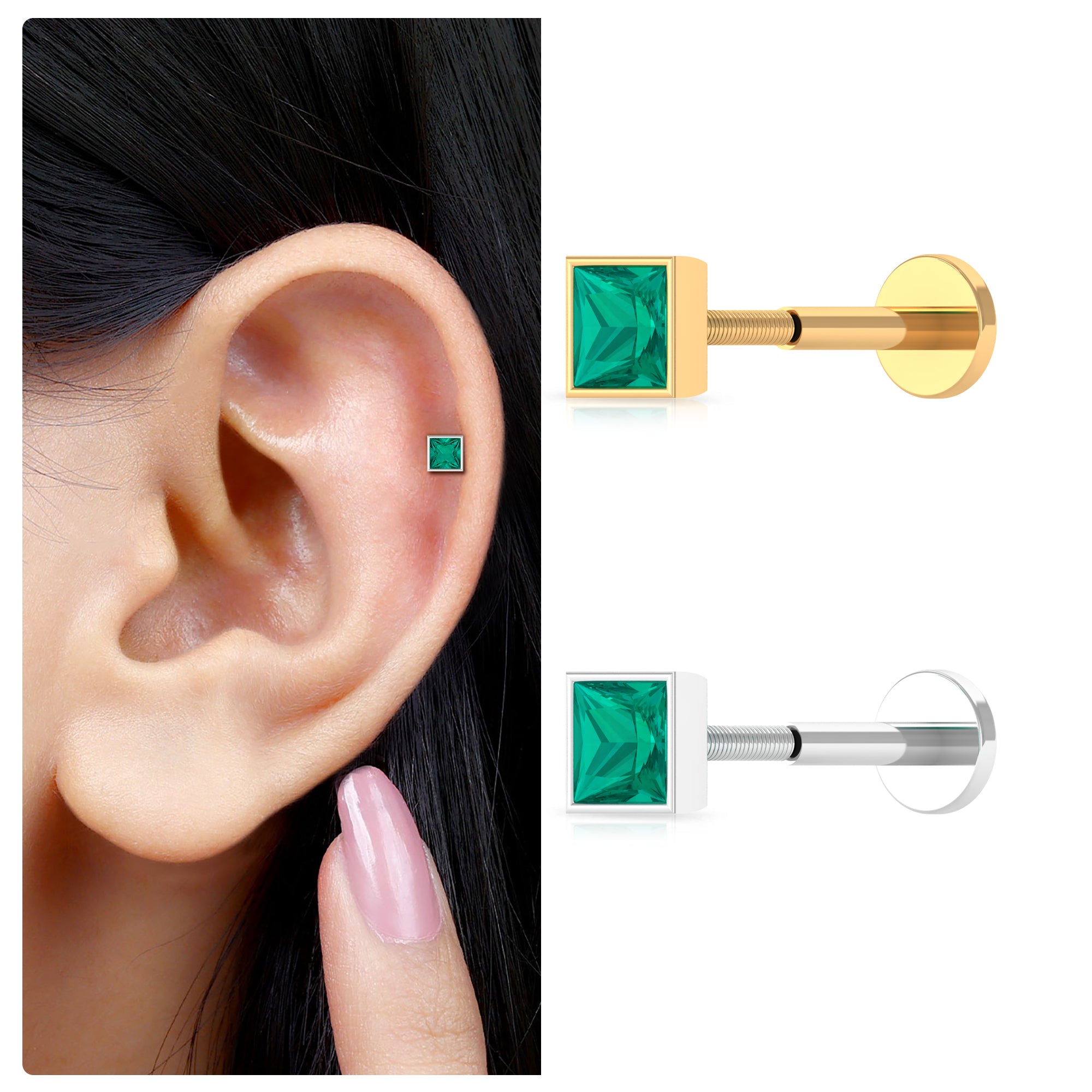 Rosec Jewels-Princess Cut Emerald Helix Earring in Bezel Setting