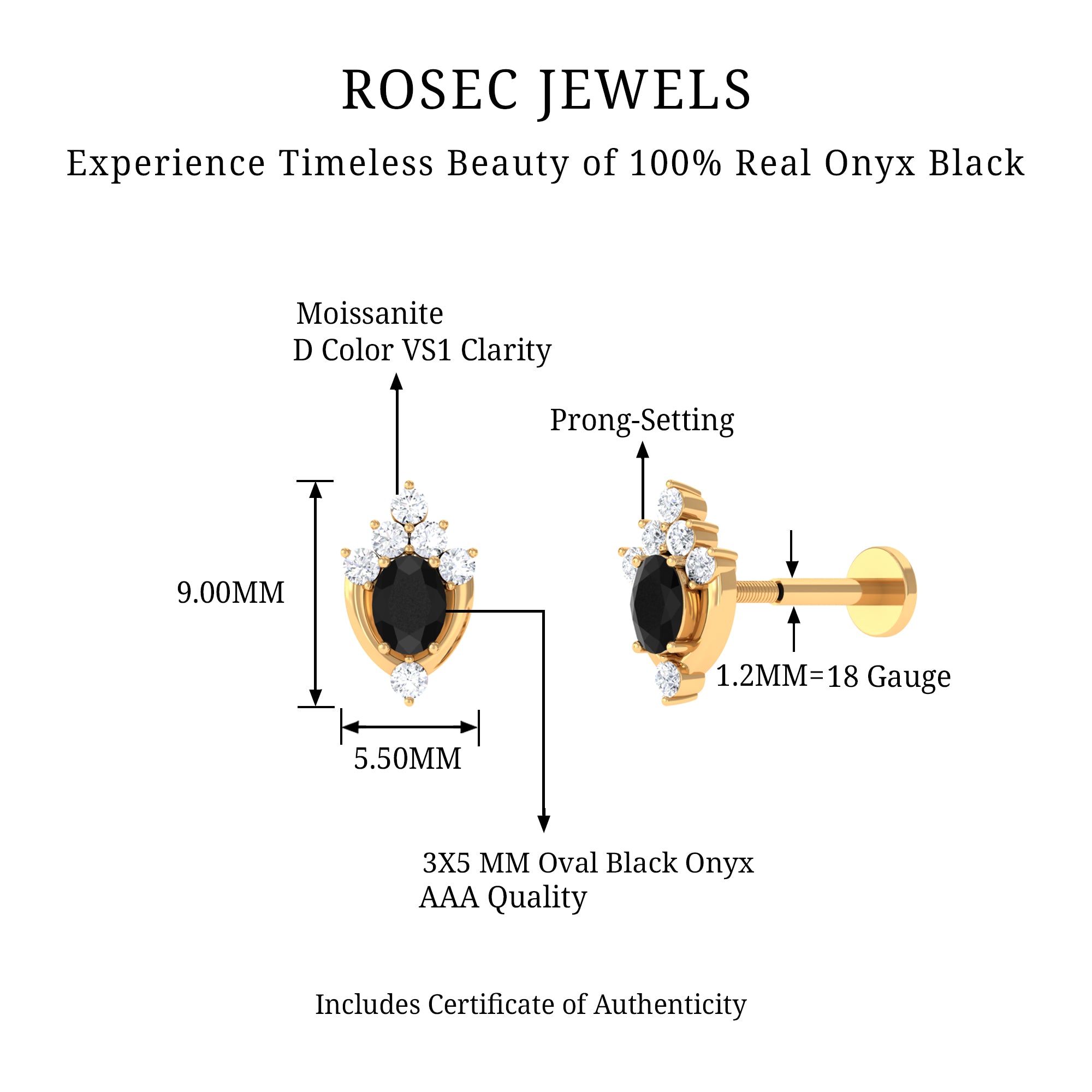 Rosec Jewels-Real Black Onyx Unique Helix Earring with Moissanite