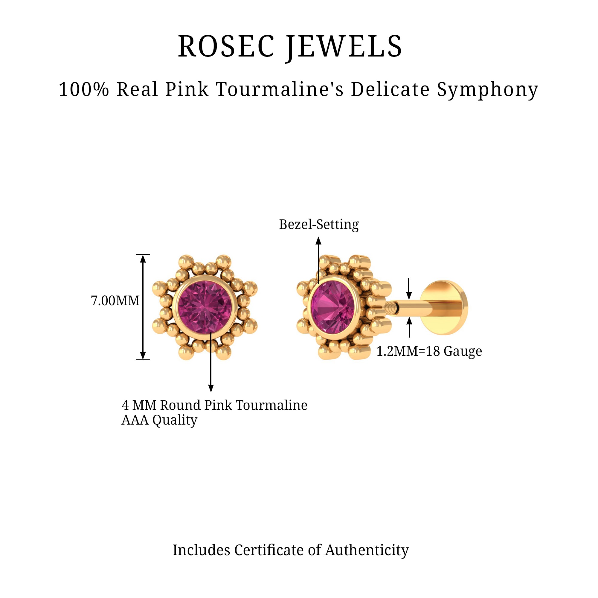 Rosec Jewels-Real Pink Tourmaline Solitaire Rook Earring with Gold Beaded