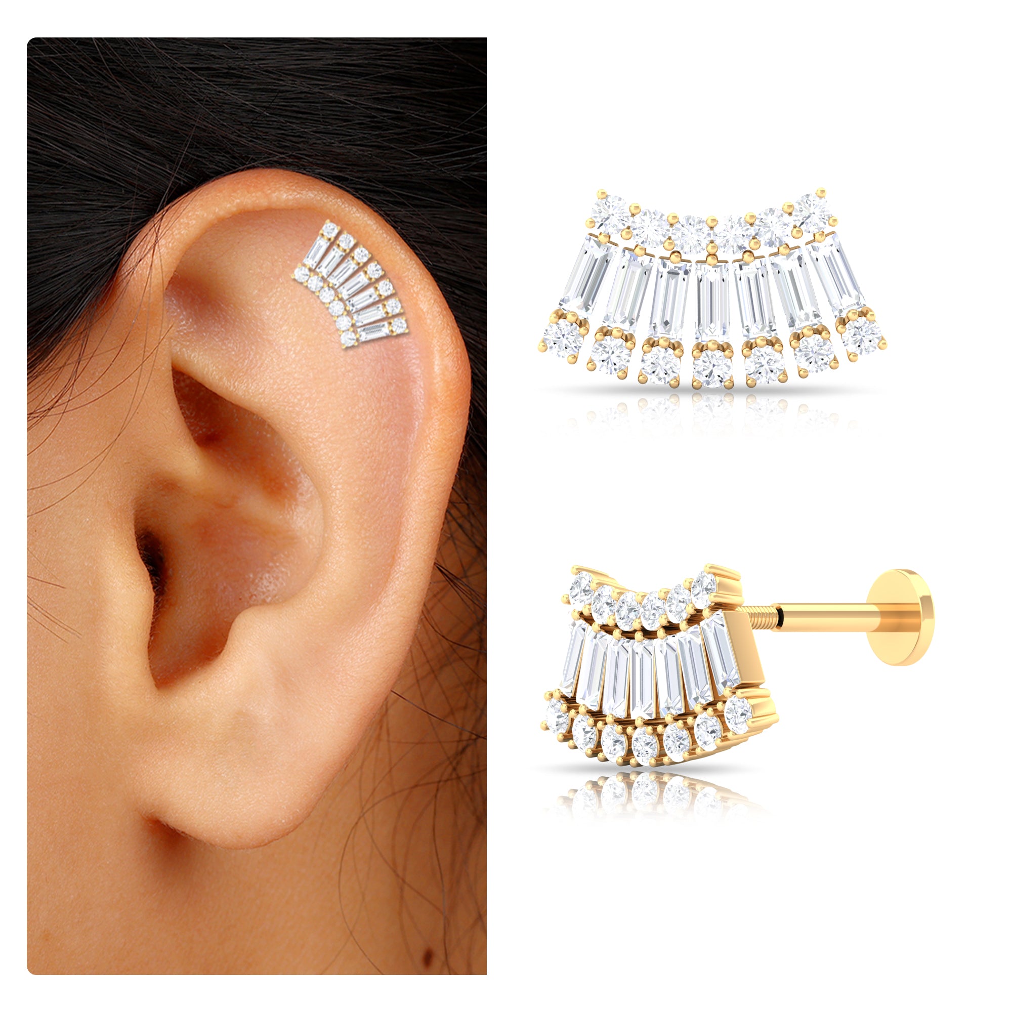 Rosec Jewels-Baguette Moissanite Curved Gold Cartilage Earring