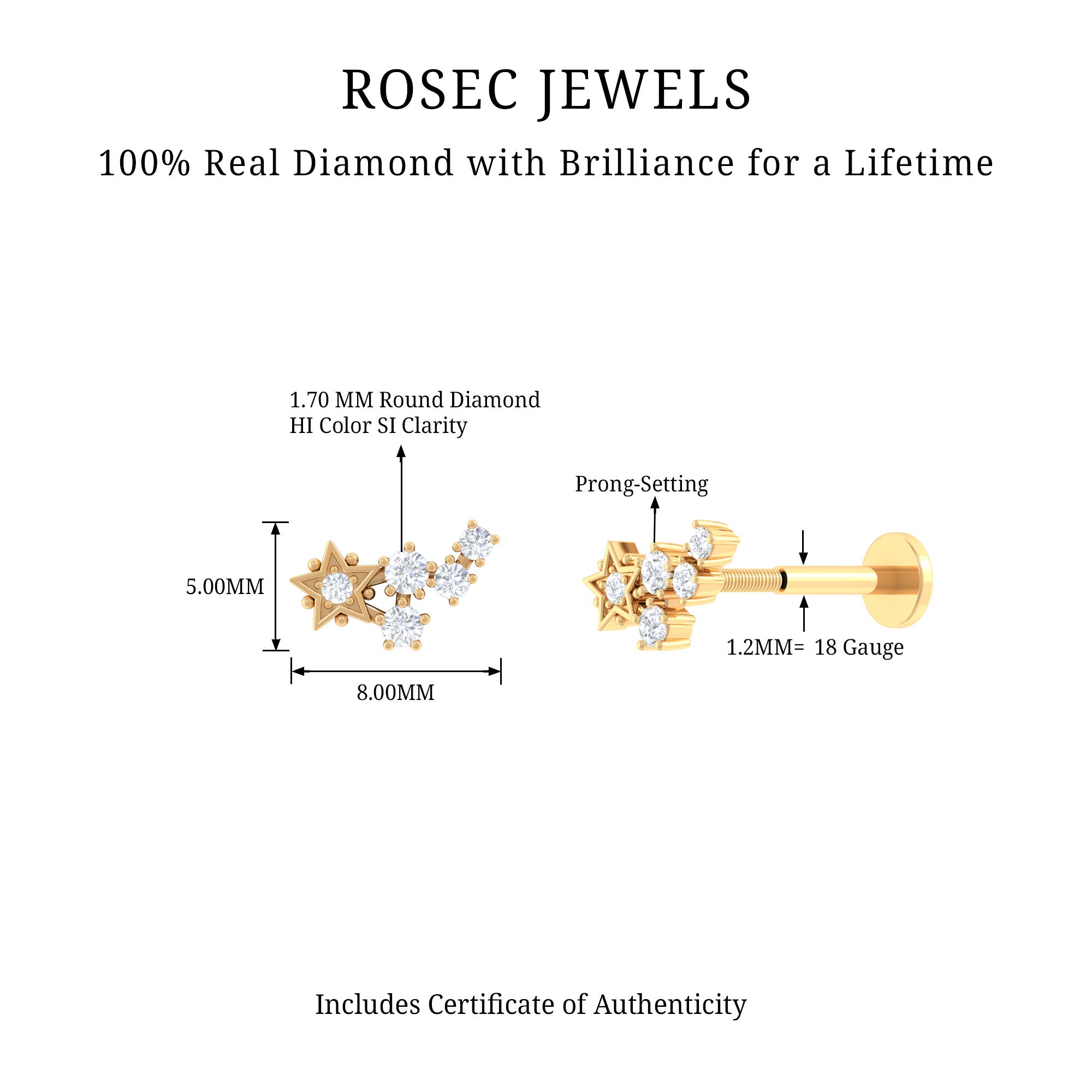 Rosec Jewels-Diamond Gold Celestial Crawler Earring for Cartilage Piercing