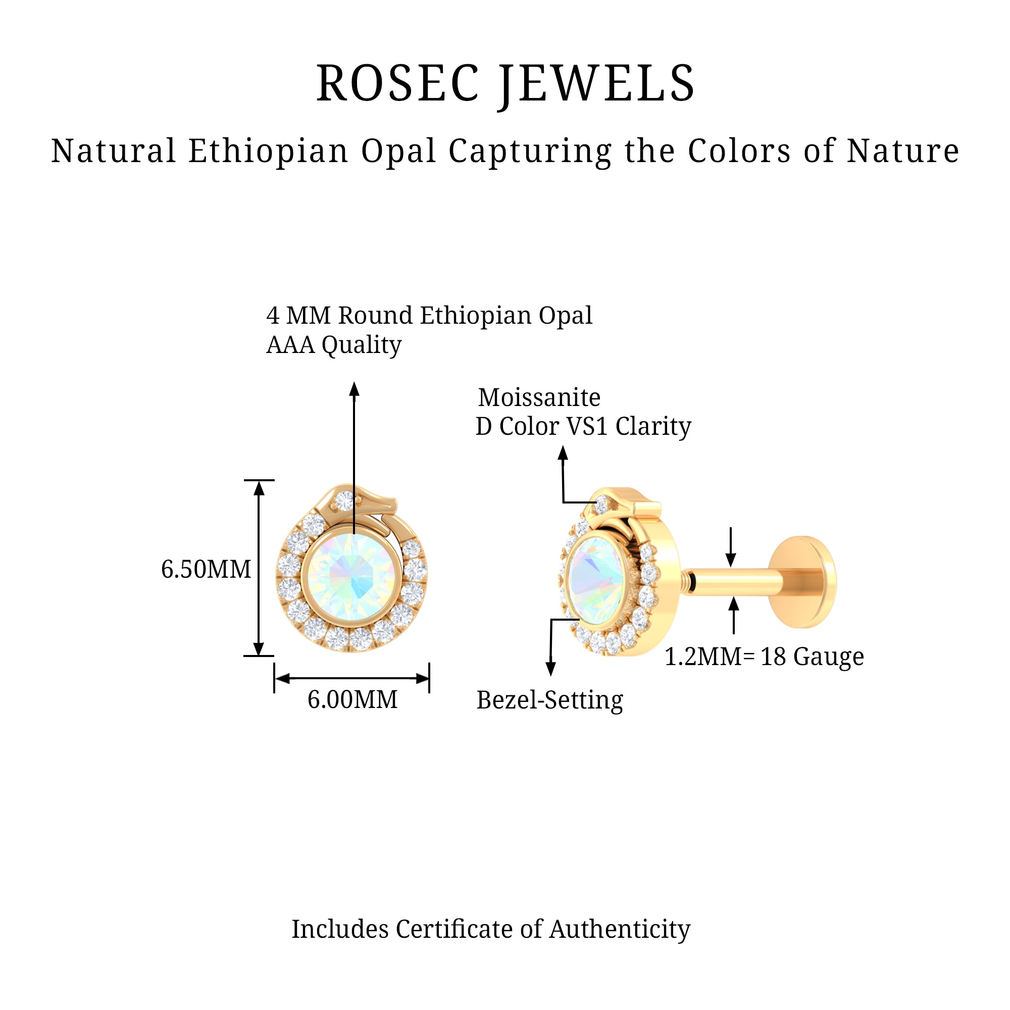 Rosec Jewels-0.25 CT Ethiopian Opal and Moissanite Snake Earring in Gold