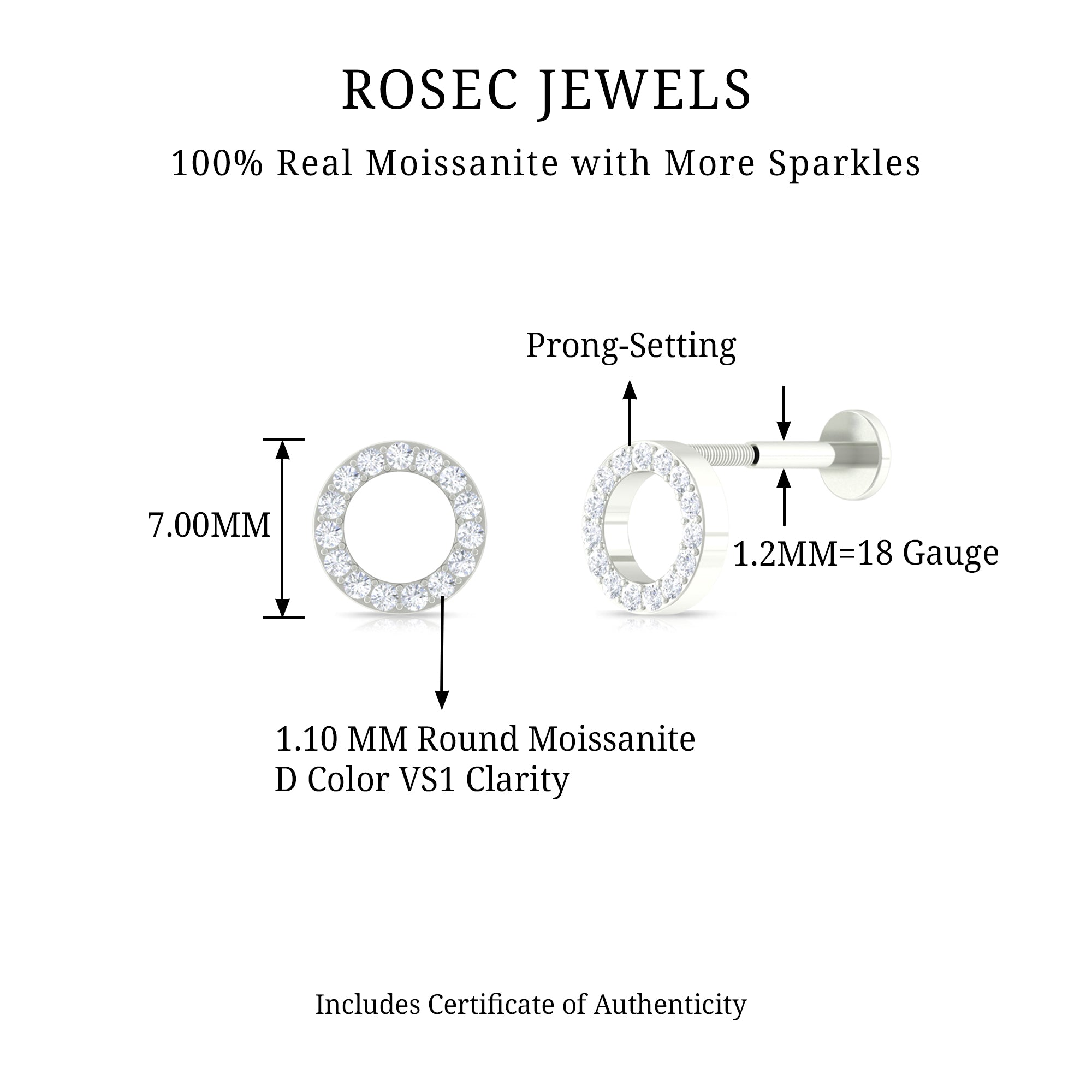 Rosec Jewels-Moissanite Open Circle Earring for Cartilage Piercing