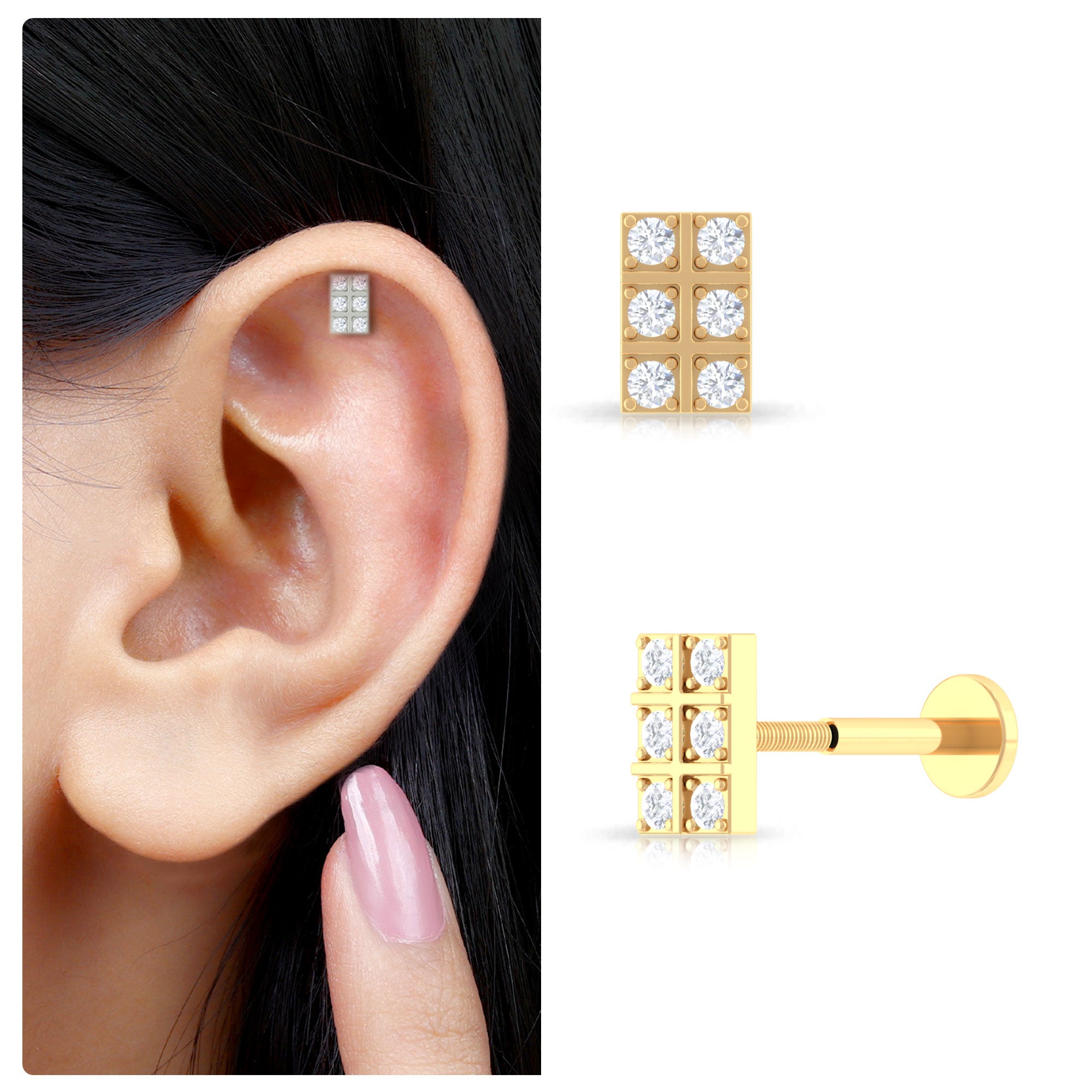 Rosec Jewels-April Birthstone Real Diamond Bar Rook Earring in Gold