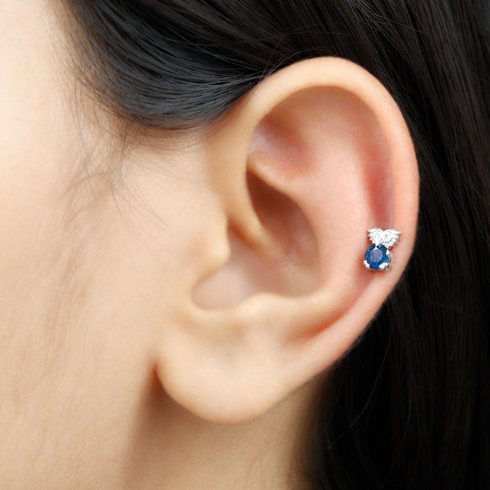 Rosec Jewels-Blue Sapphire and Moissanite Owl Helix Earring