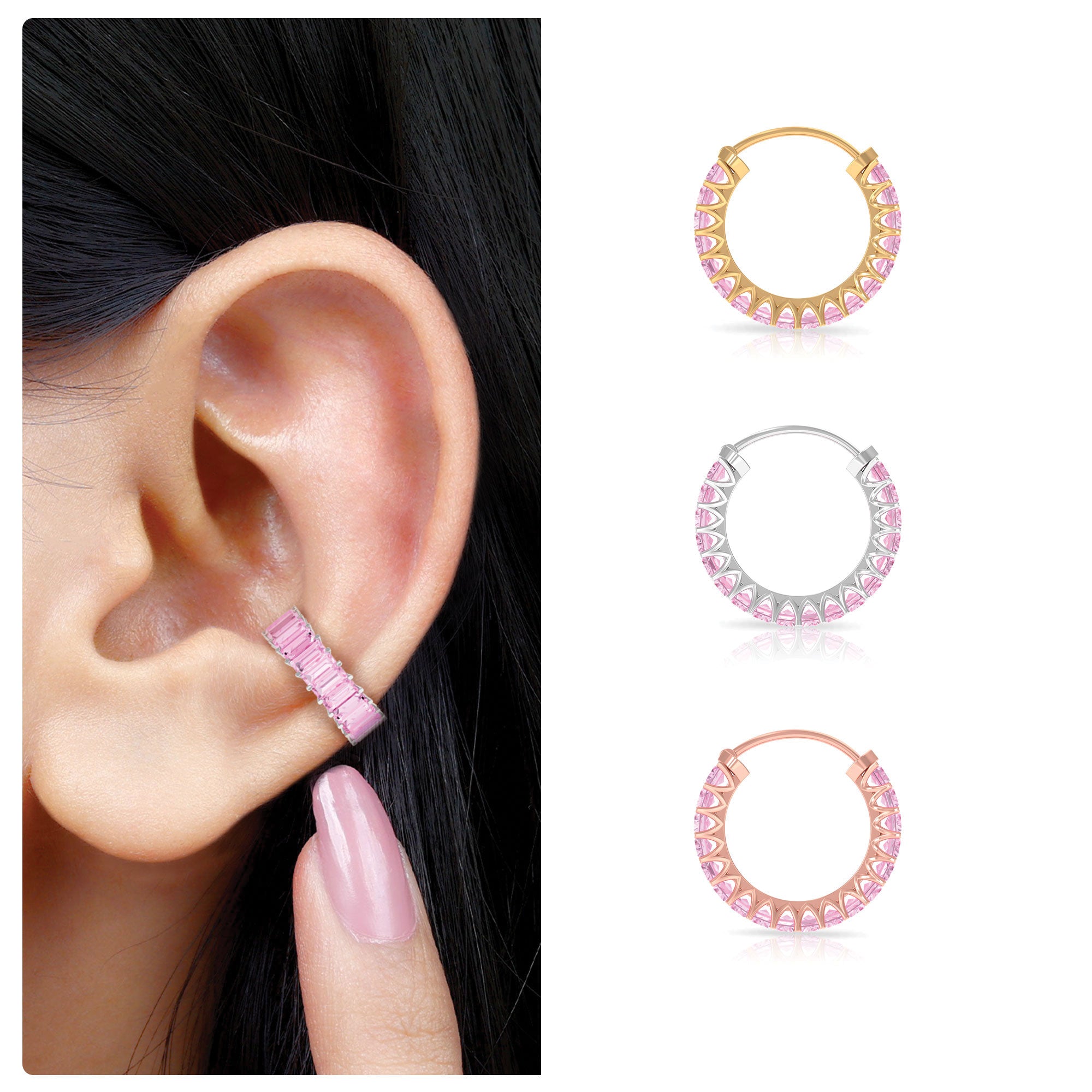 Rosec Jewels-Lab Created Pink Sapphire Conch Hoop Earring in Gold