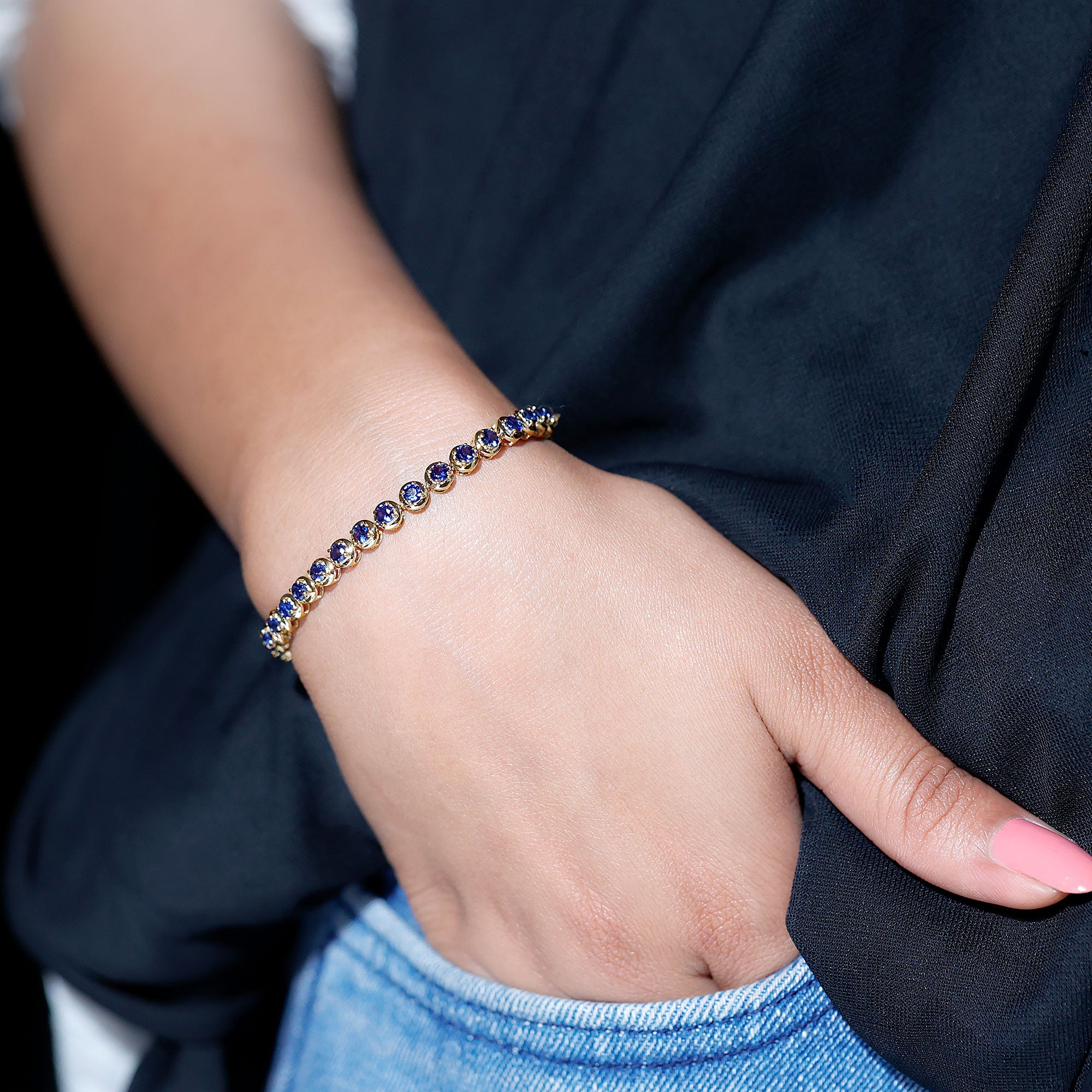 Lab Grown Blue Sapphire Tennis Bolo Bracelet with Rope Chain Lab Created Blue Sapphire - ( AAAA ) - Quality - Rosec Jewels