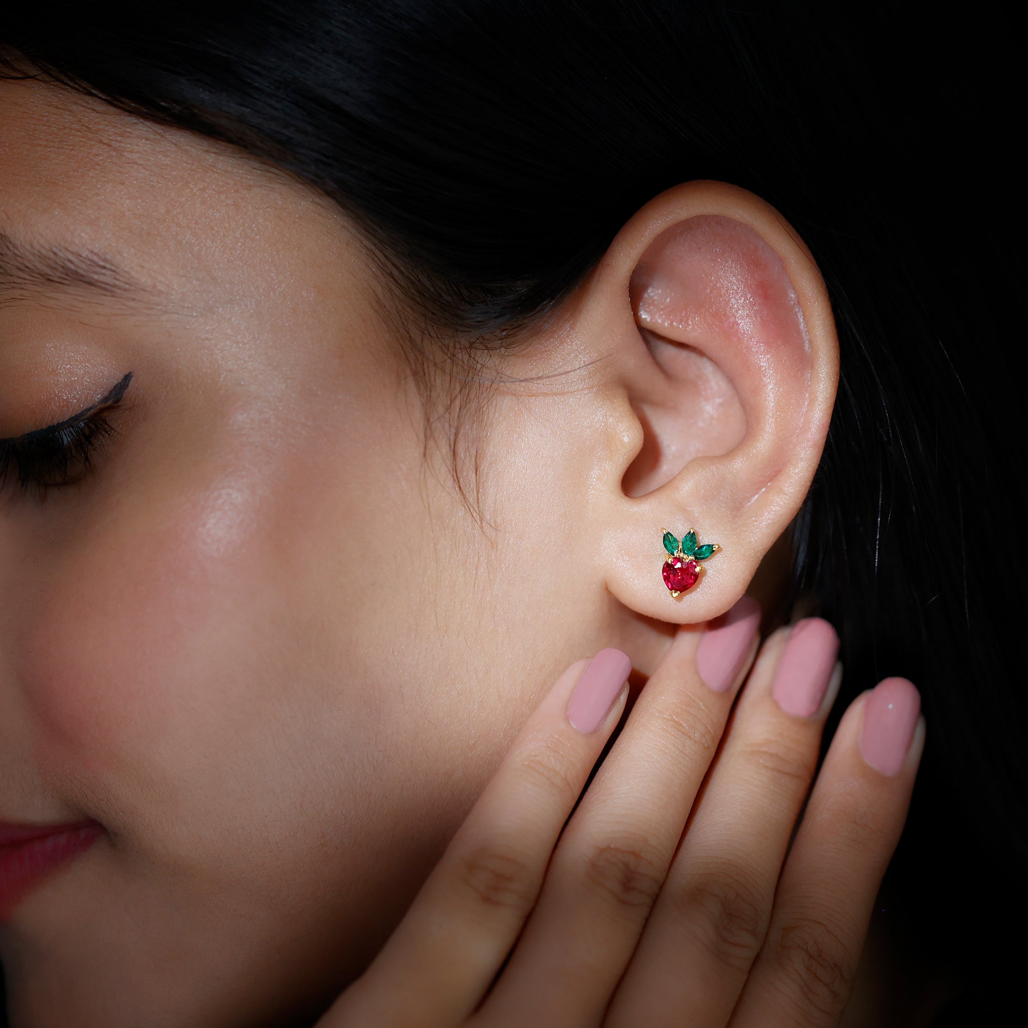 2 CT Created Ruby and Created Emerald Cute Strawberry Earrings Lab Created Ruby - ( AAAA ) - Quality - Rosec Jewels